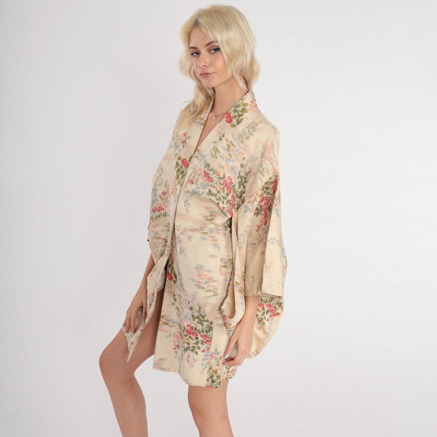 70s Metallic Floral Kimono Robe Cream Asian Print Mini Open Front Small Medium