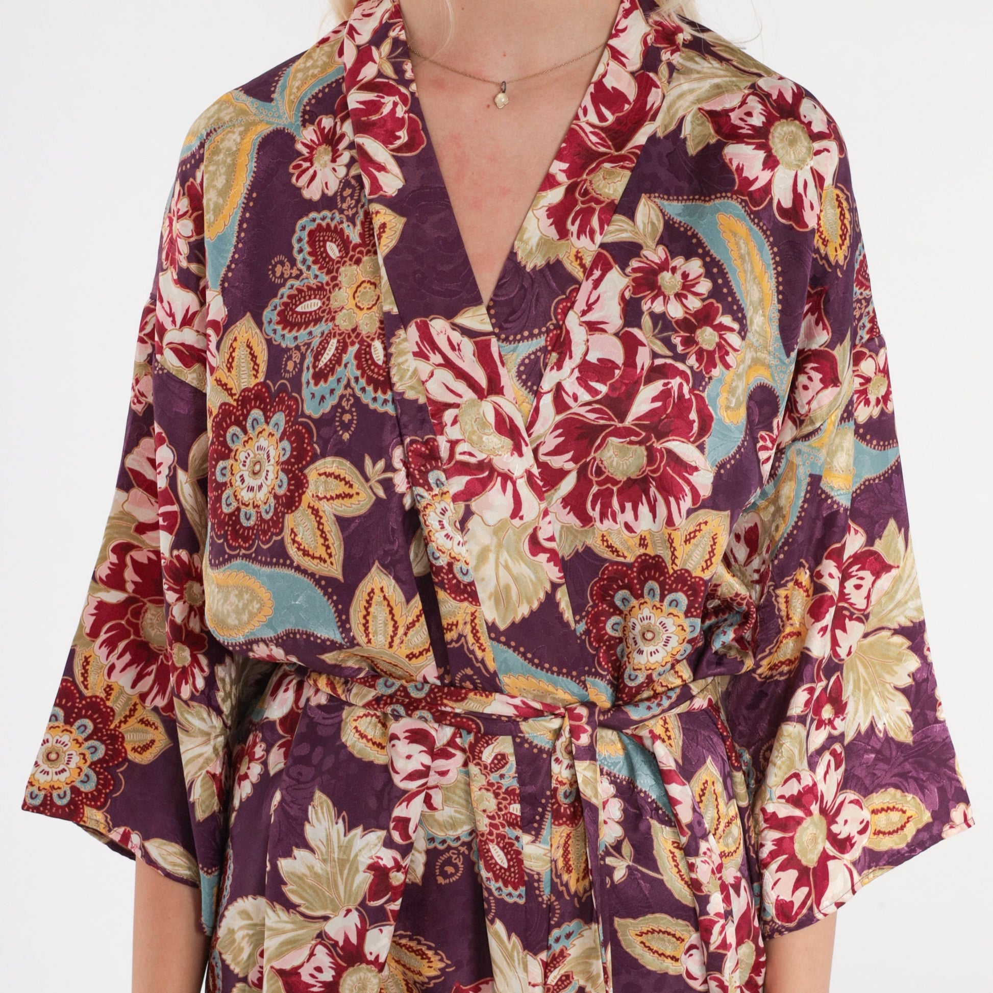 90s Purple Floral Midi Robe Tie Front Pajama Lounge Medium M