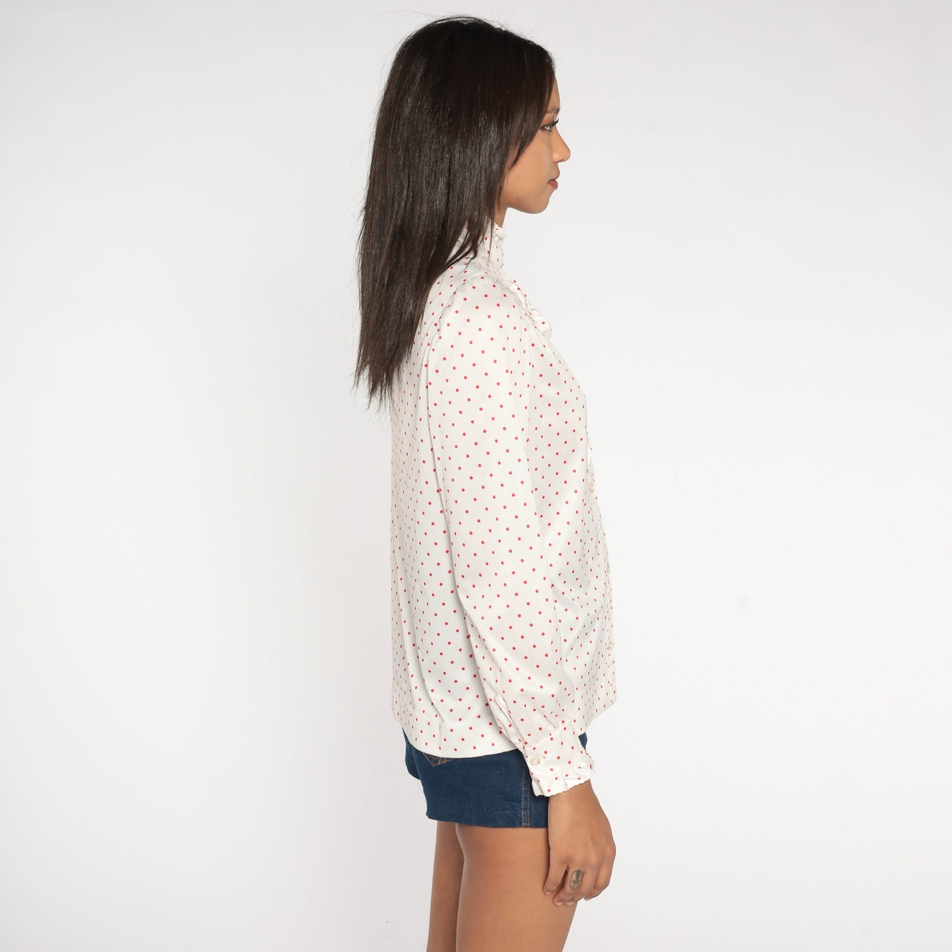 70s White Polka Dot Tuxedo Blouse Red Ruffle Puff Sleeve Button Up Medium