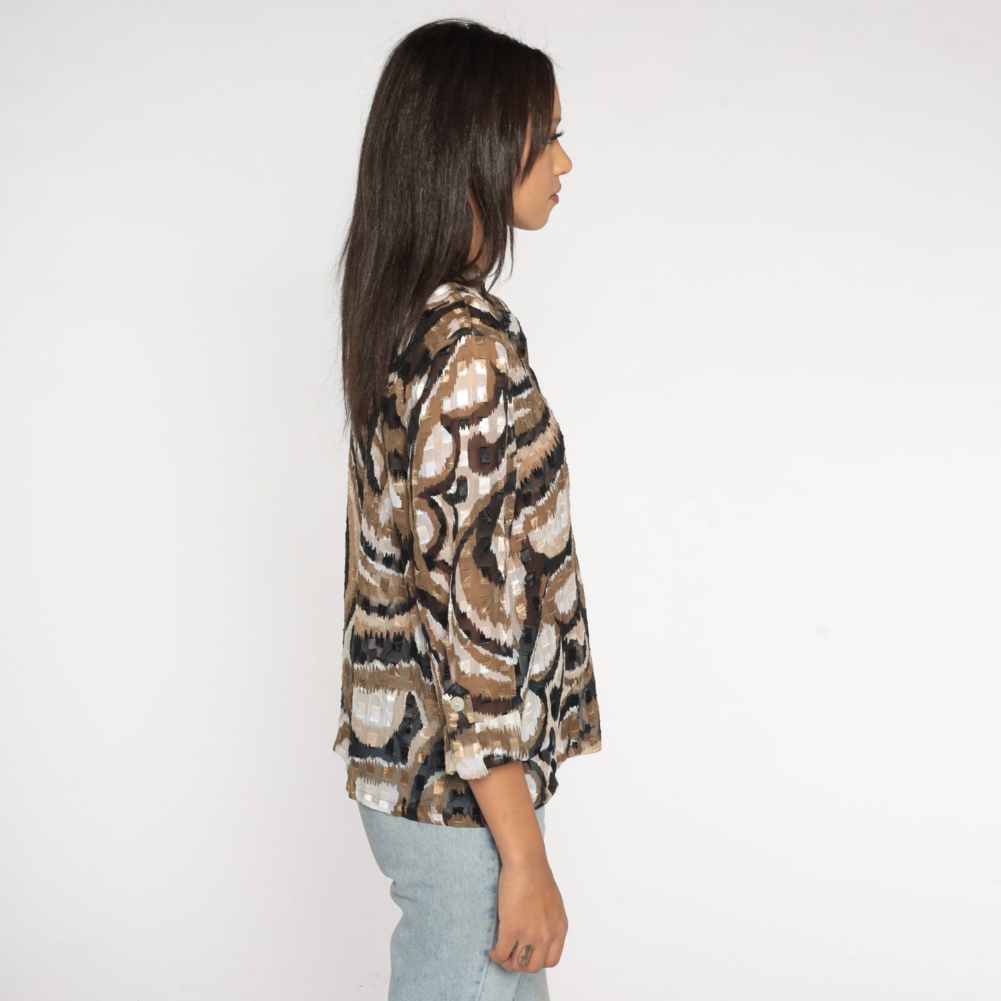 Y2K Ruby Road Blouse Metallic Swirl Print Black Brown White Button Up Medium