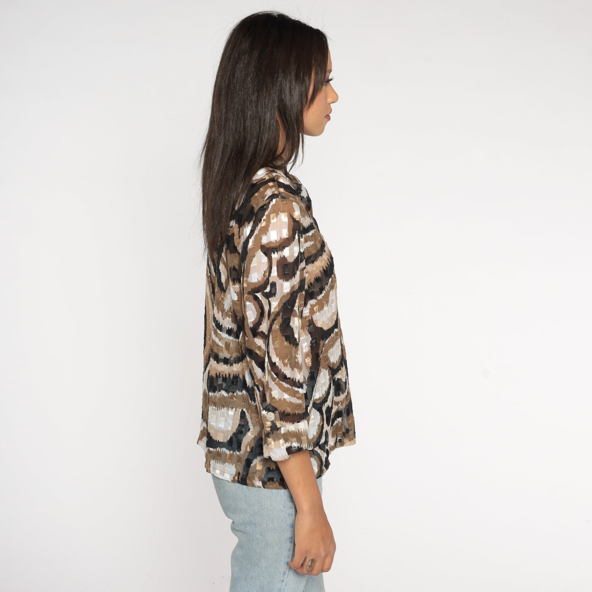 Y2K Ruby Road Blouse Metallic Swirl Print Black Brown White Button Up Medium
