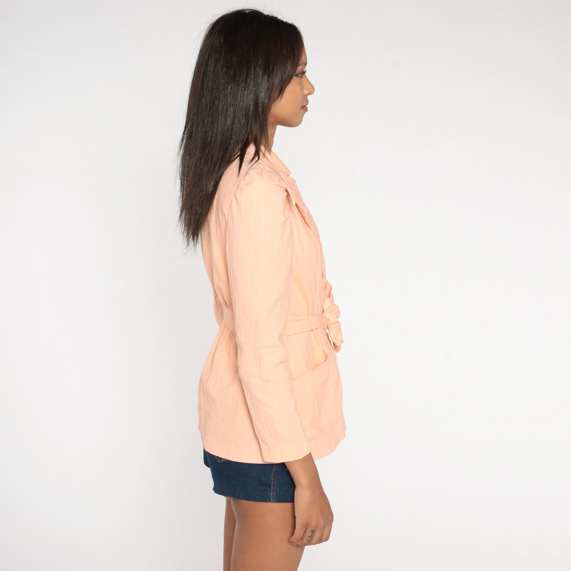 70s Peach Wrap Jacket Puff Sleeve Blazer Open Front Small