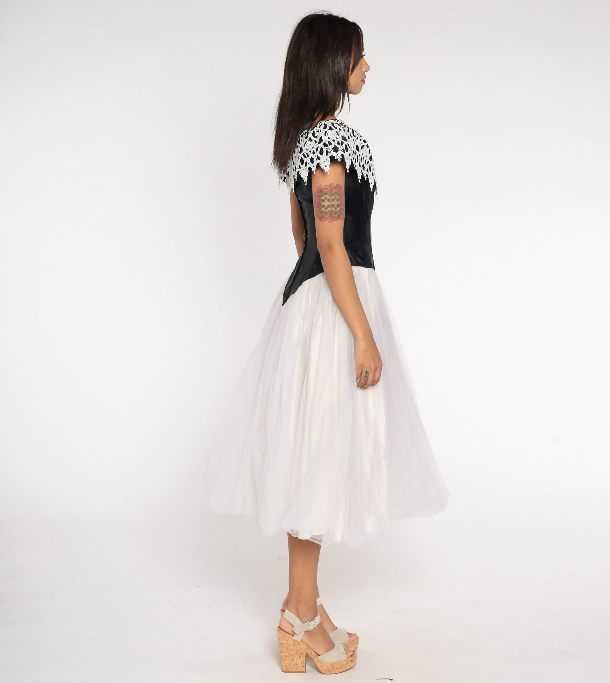 80s Black White Lace Off-Shoulder Tulle Midi Dress Basque Waist Extra Small
