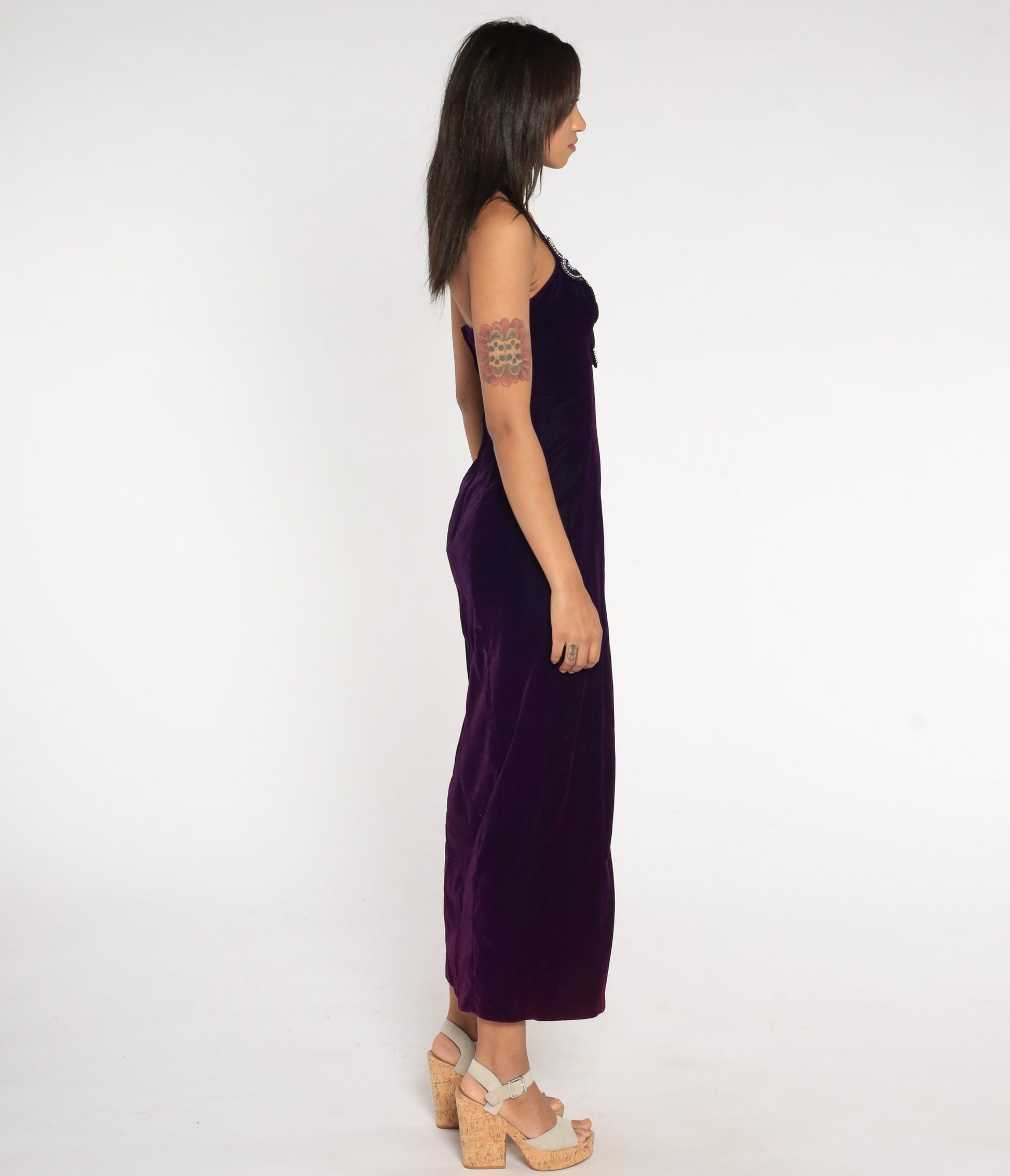 90s Zum Zum Purple Velvet Maxi Dress Sequin Halter Bodycon Slit Extra Small