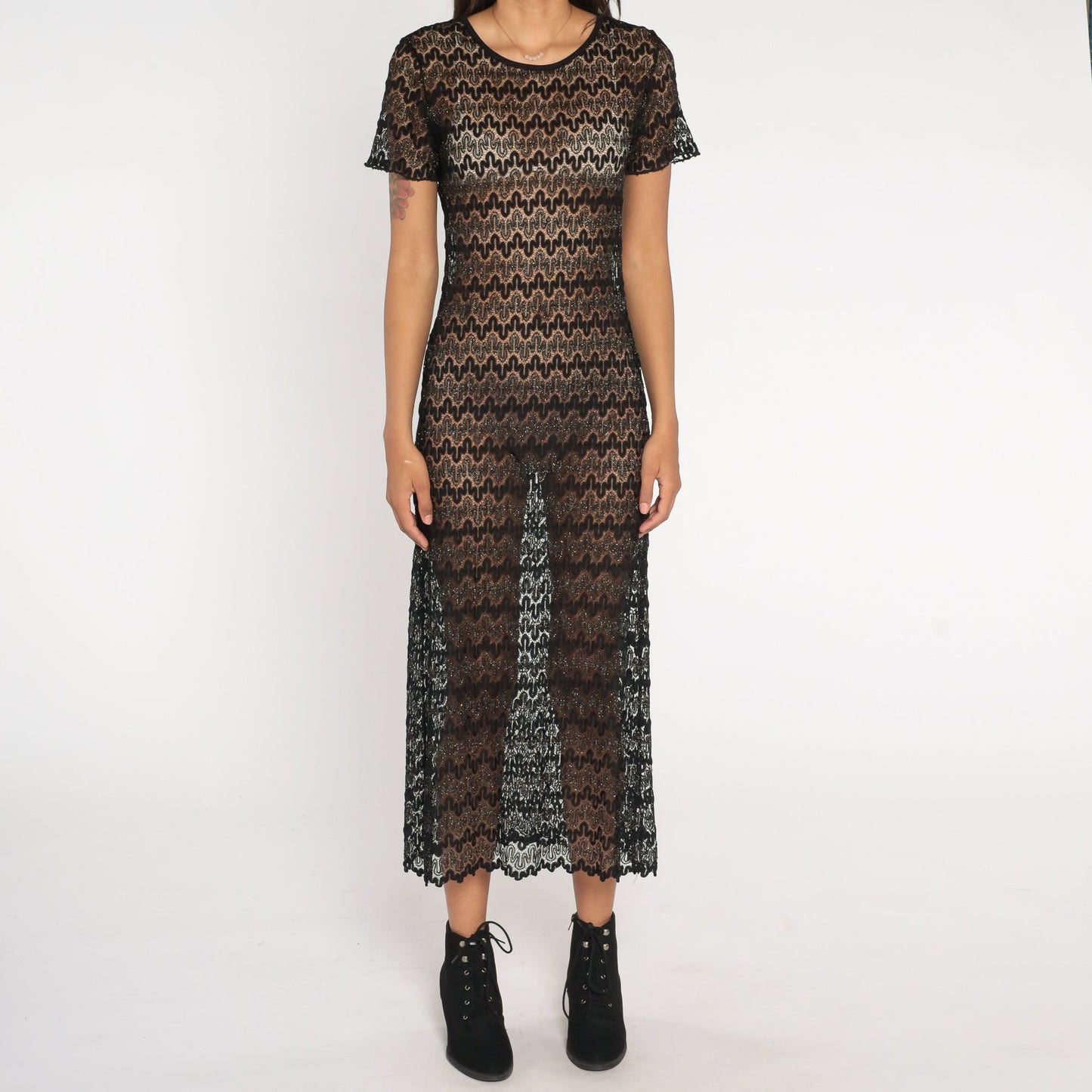 90s Black Metallic Lace Maxi Dress Short Sleeve Sheer Ankle Length Small