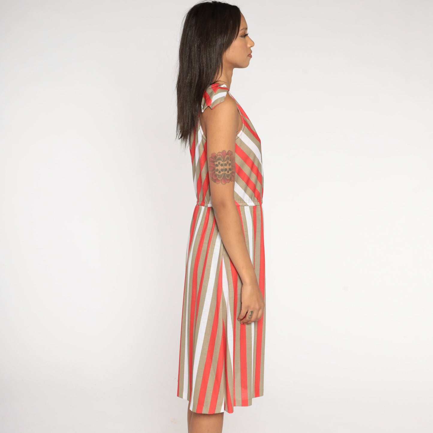 80s Striped Sundress Red Taupe White Sleeveless High Waist Tie Shoulder Small