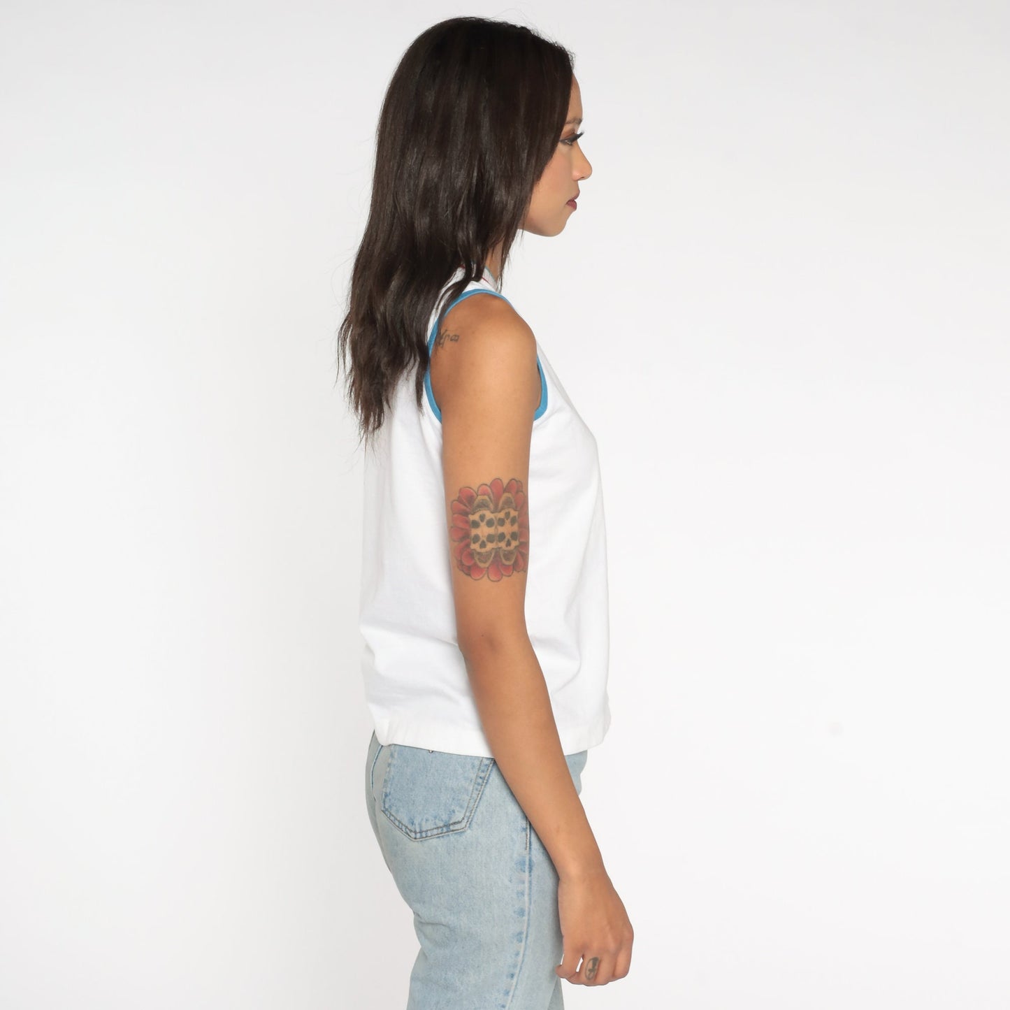 80s White Ringer Tank Top Red Blue Striped V-Neck Small