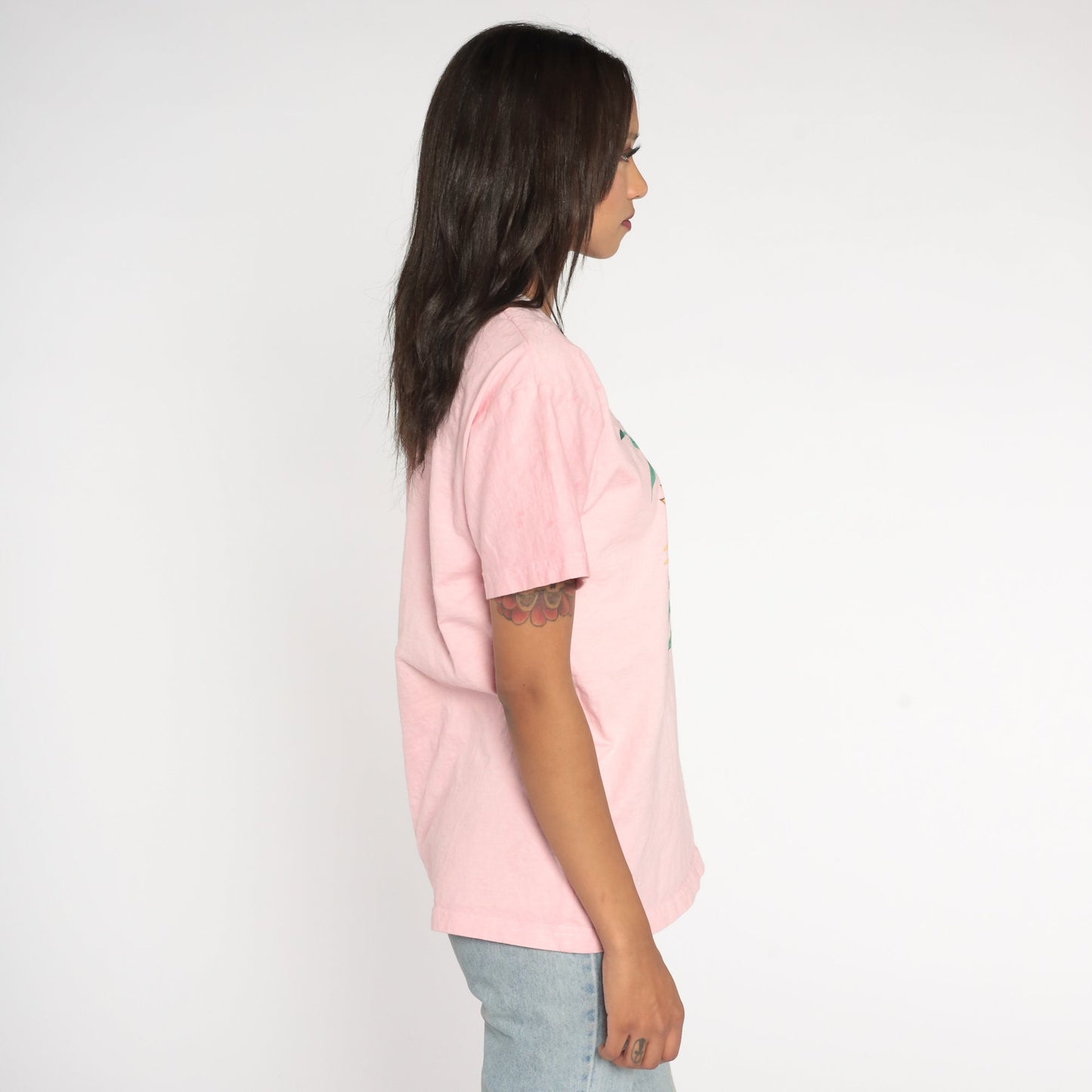 90s Sunflower Graphic T-Shirt Baby Pink V-Neck Cotton Tee Small