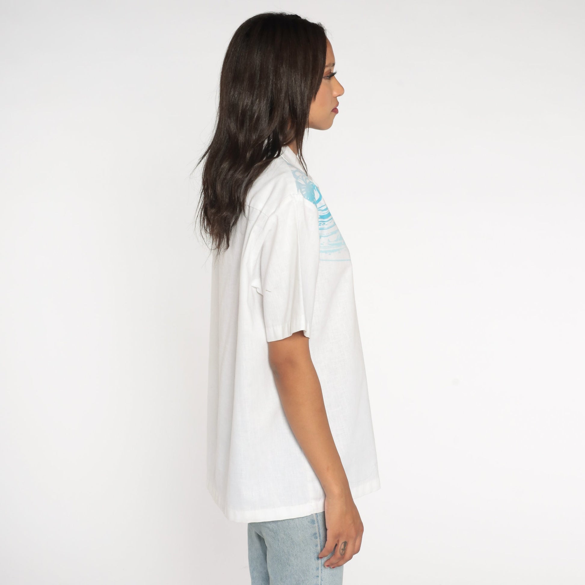 90s Iolani Hawaiian Outrigger Shirt White Button Up Tropical Print Medium