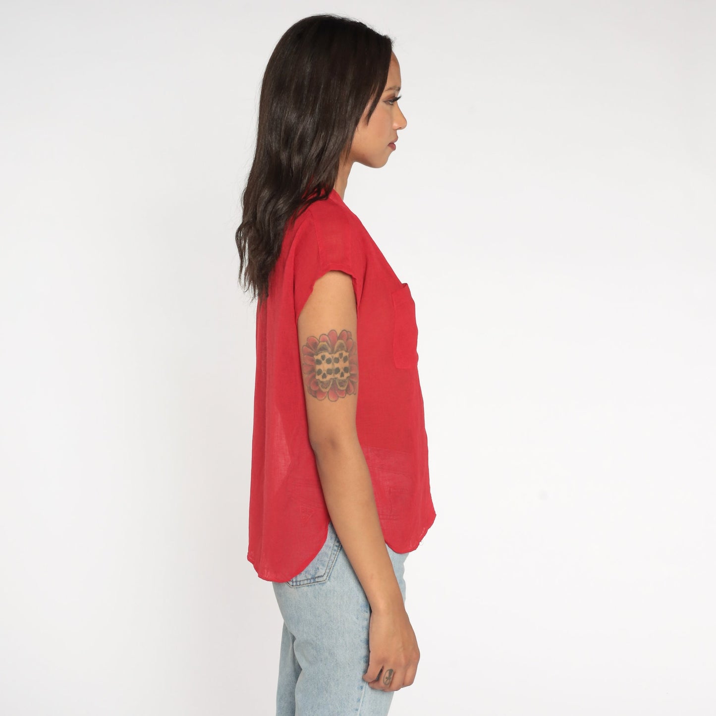 80s Red Sheer Button-Up Blouse Cap Sleeve Collared Shirt Medium