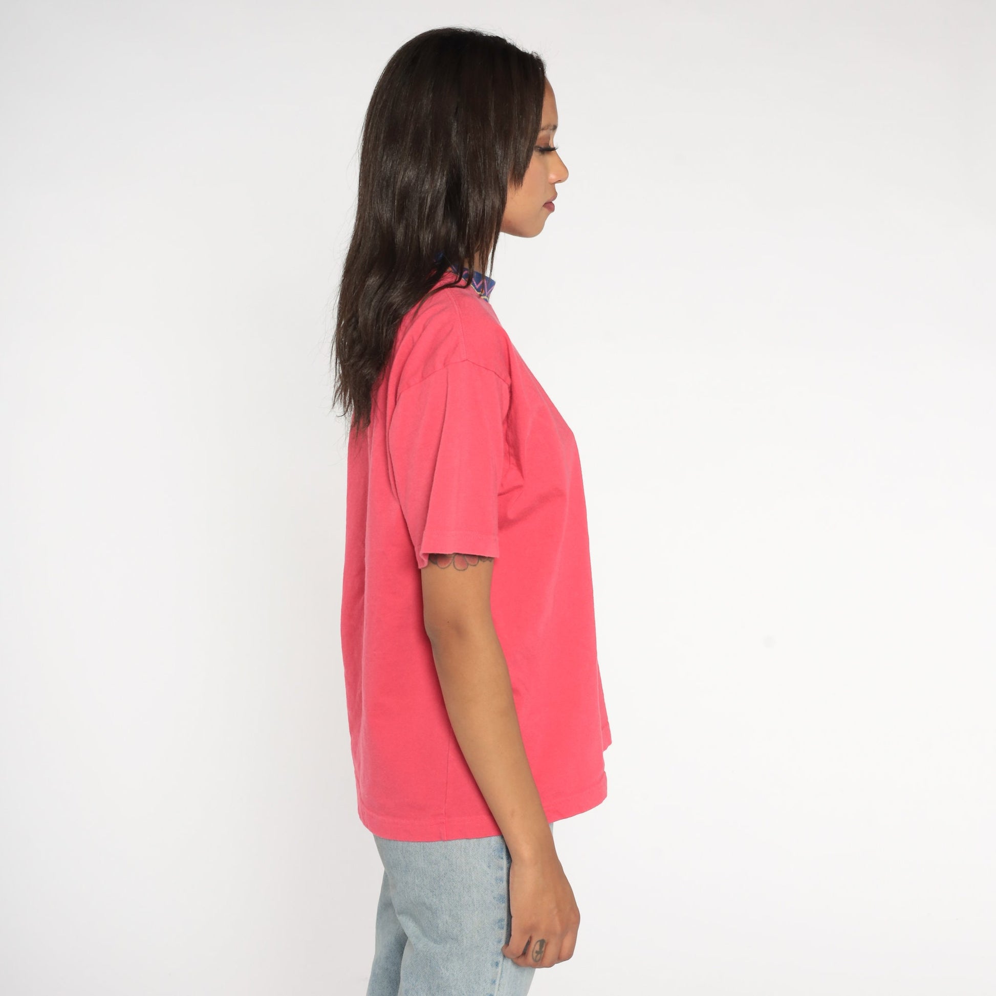 90s Giordano Embroidered Logo T-Shirt Pink Zig Zag Ringer Crewneck Medium