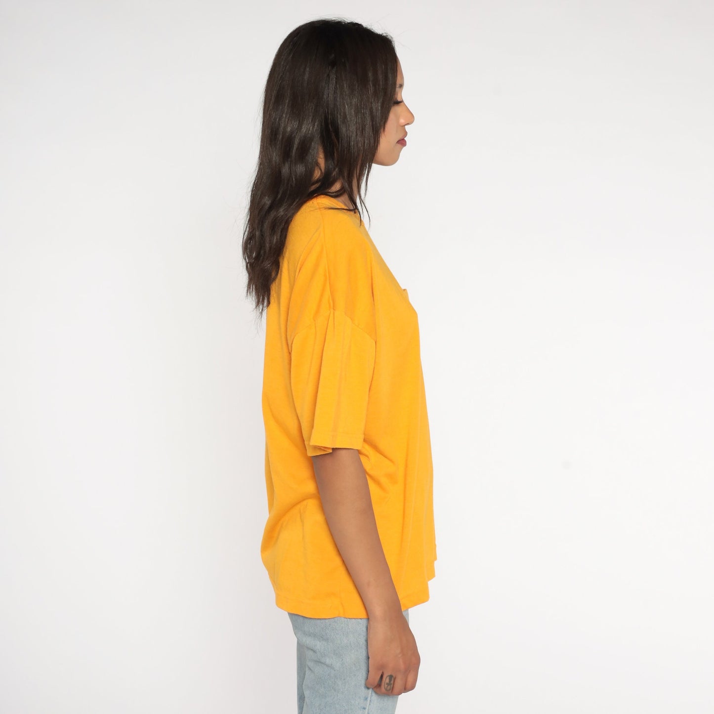 90s Yellow Pocket T-Shirt Cotton Blend Plain Tee Large L