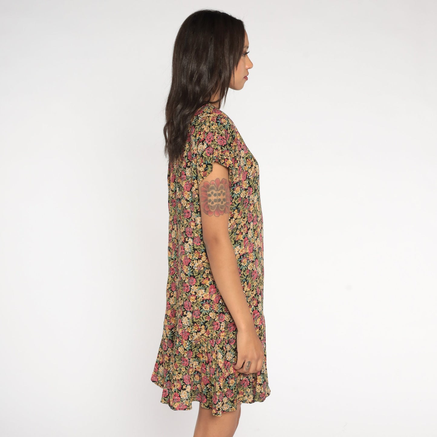 90s Floral Mini Dress Drop Waist Ruffle Short Sleeve Pink Green Large L