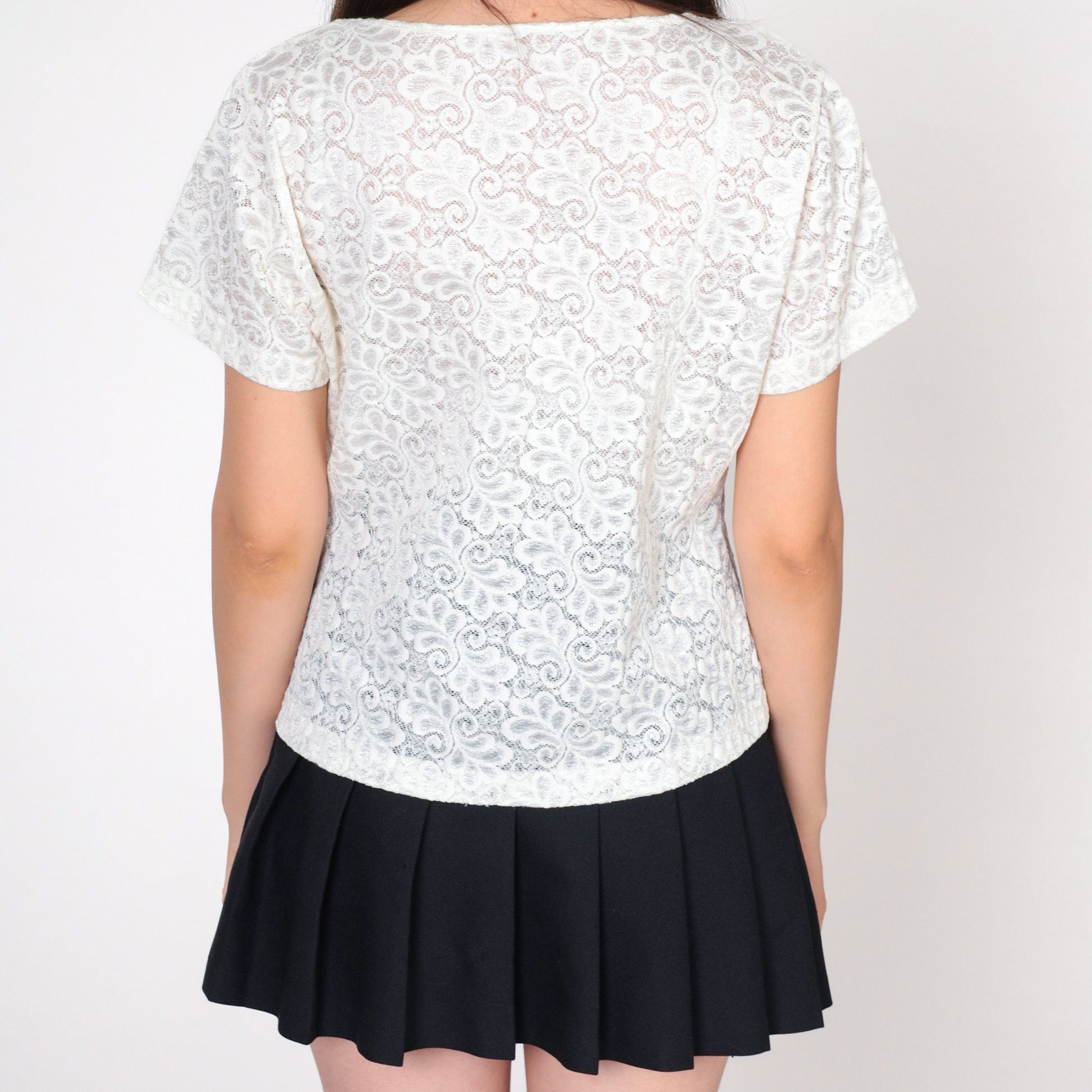 90s White Lace Blouse Sheer Short Sleeve Cotton Top Medium