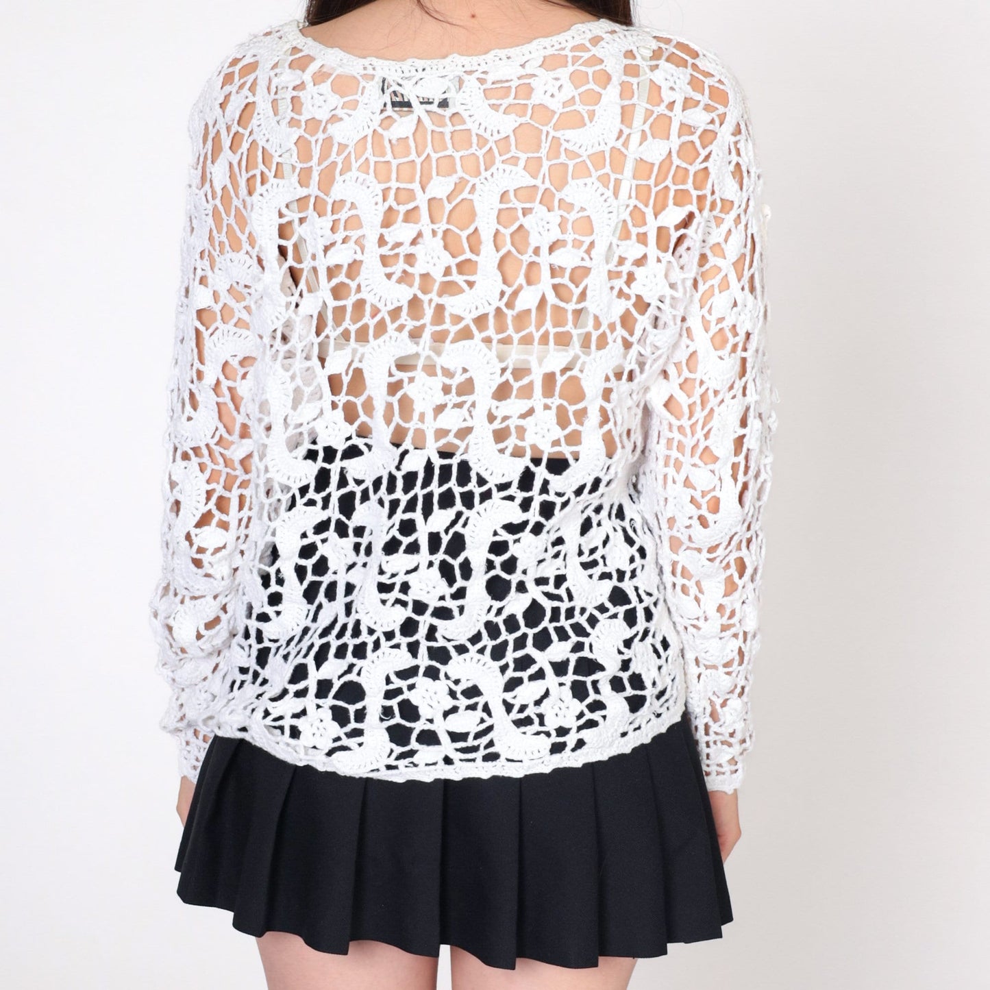 90s Forenza White Crochet Cardigan Open Weave Knit Button Up Small Medium