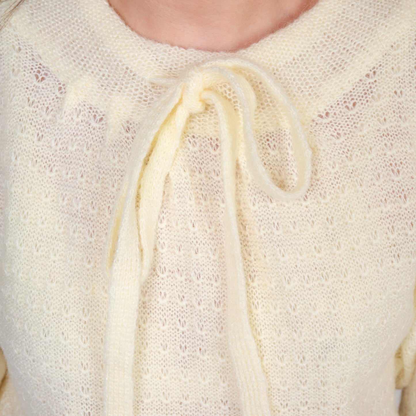 80s Cream Pointelle Knit Sweater Bow Neck Cutout Small