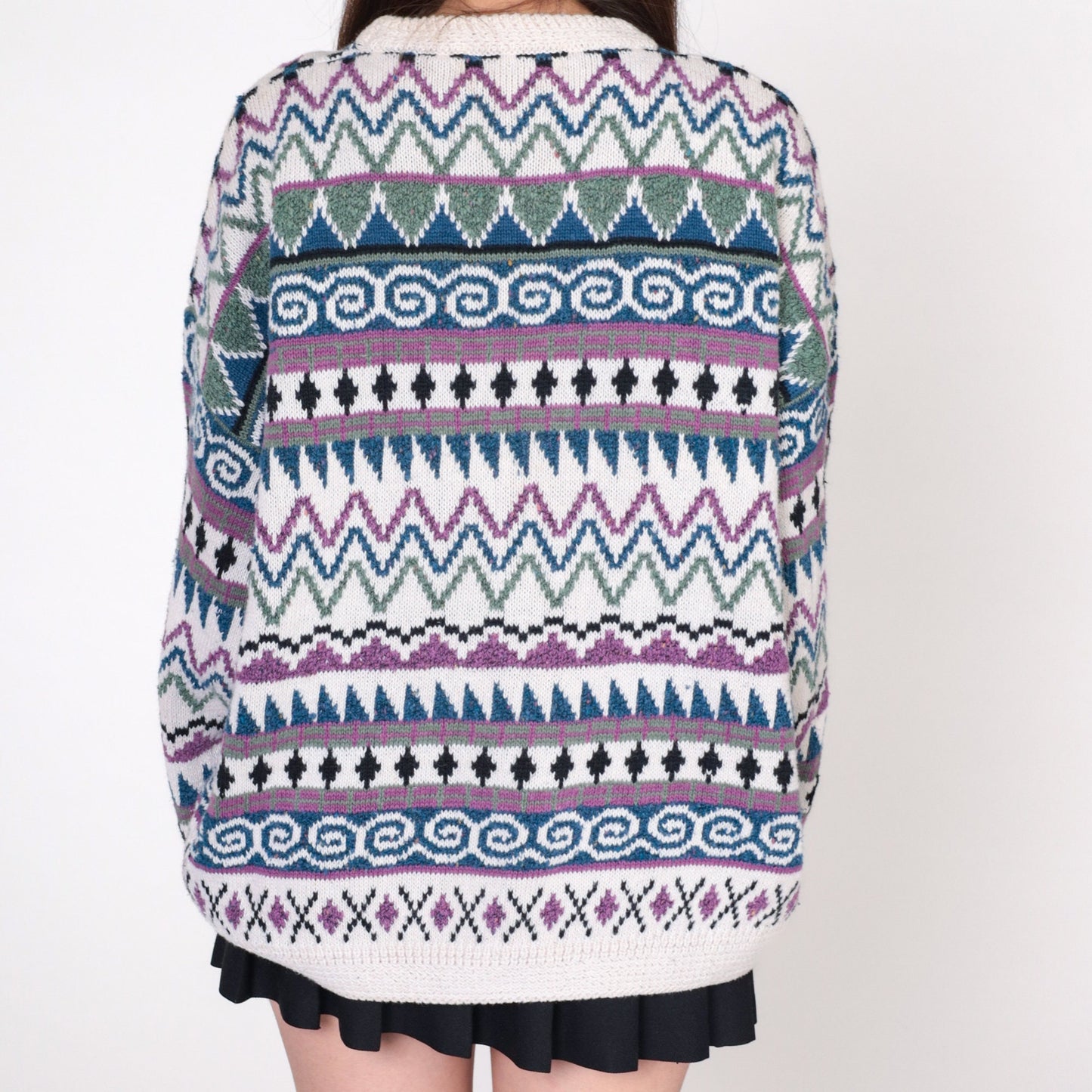 Y2K Geometric Striped Pullover Sweater White Jacquard Knit Extra Large XXL