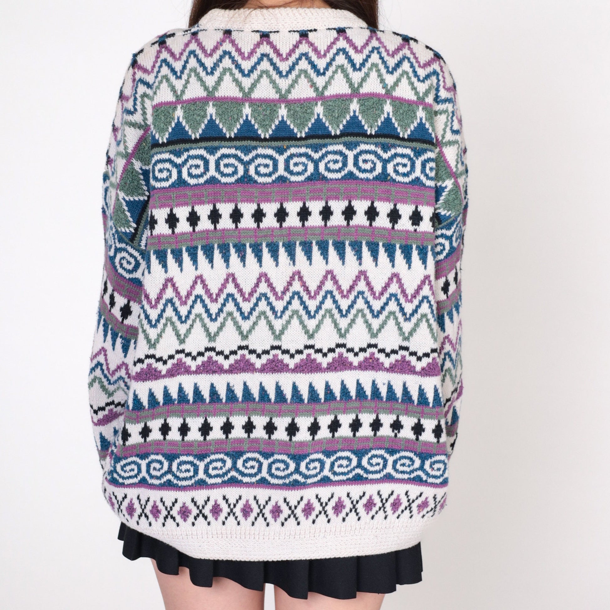 Y2K Geometric Striped Pullover Sweater White Jacquard Knit Extra Large XXL