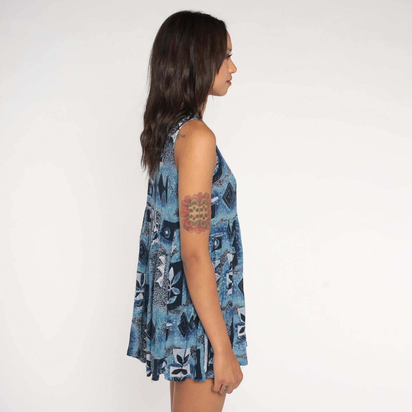 90s Blue Abstract Geometric Mini Dress Empire Waist Sleeveless Medium M
