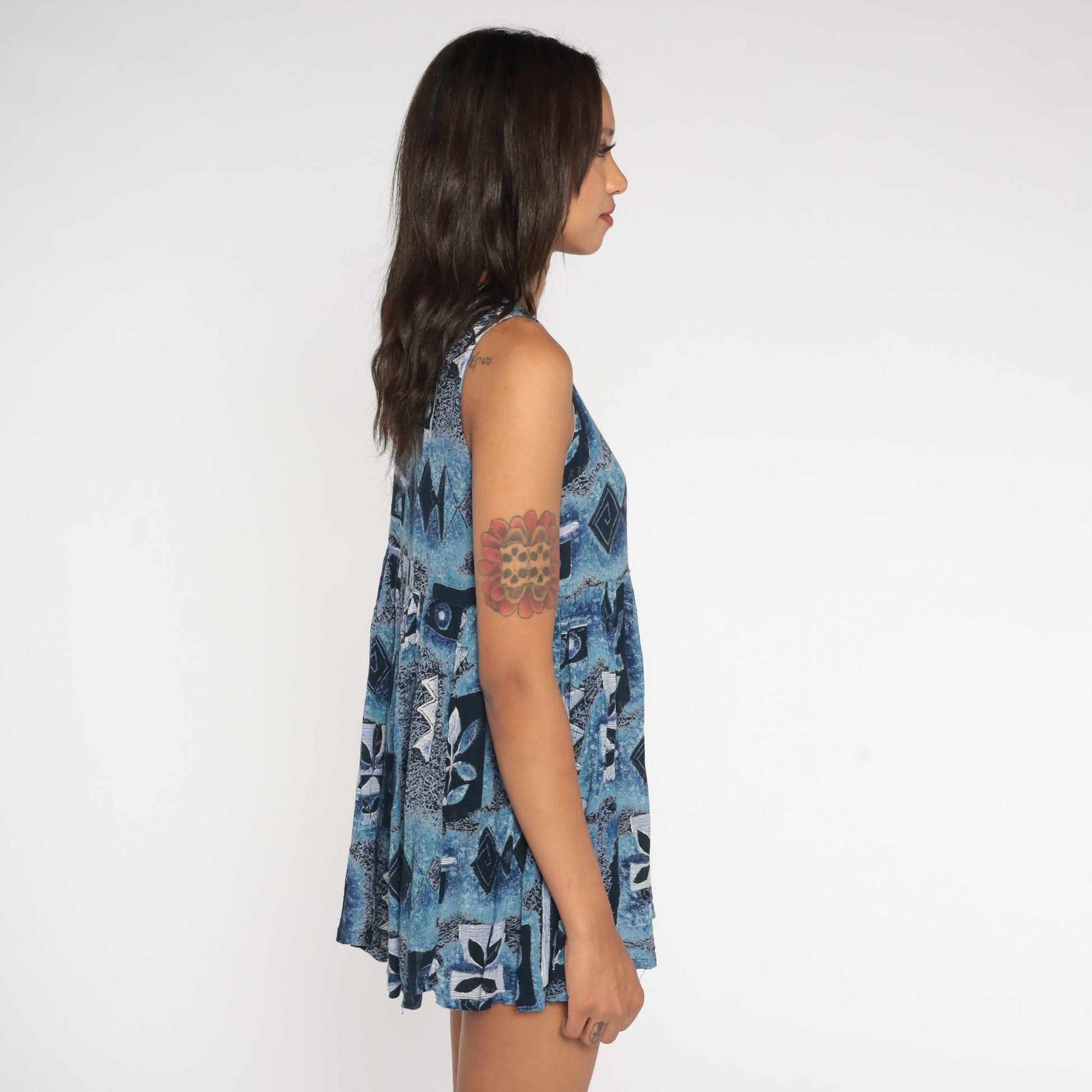 90s Blue Abstract Geometric Mini Dress Empire Waist Sleeveless Medium M