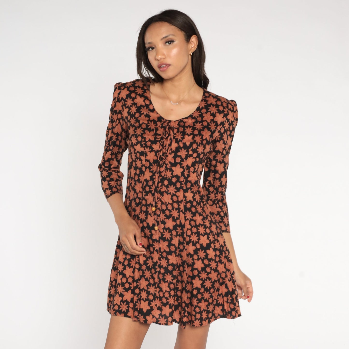 90s Black Floral Mini Dress Puff Sleeve Tie Neck Small