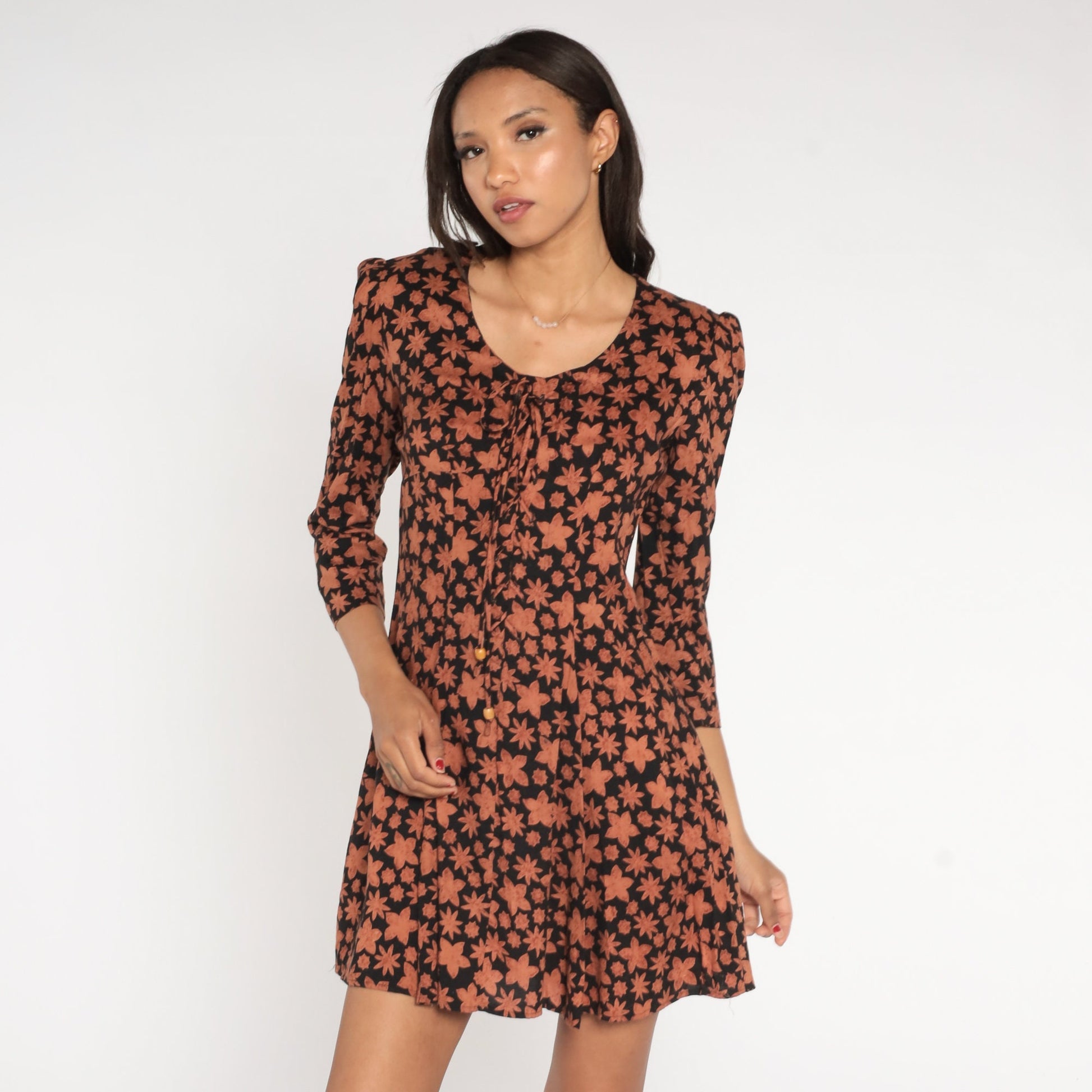 90s Black Floral Mini Dress Puff Sleeve Tie Neck Small