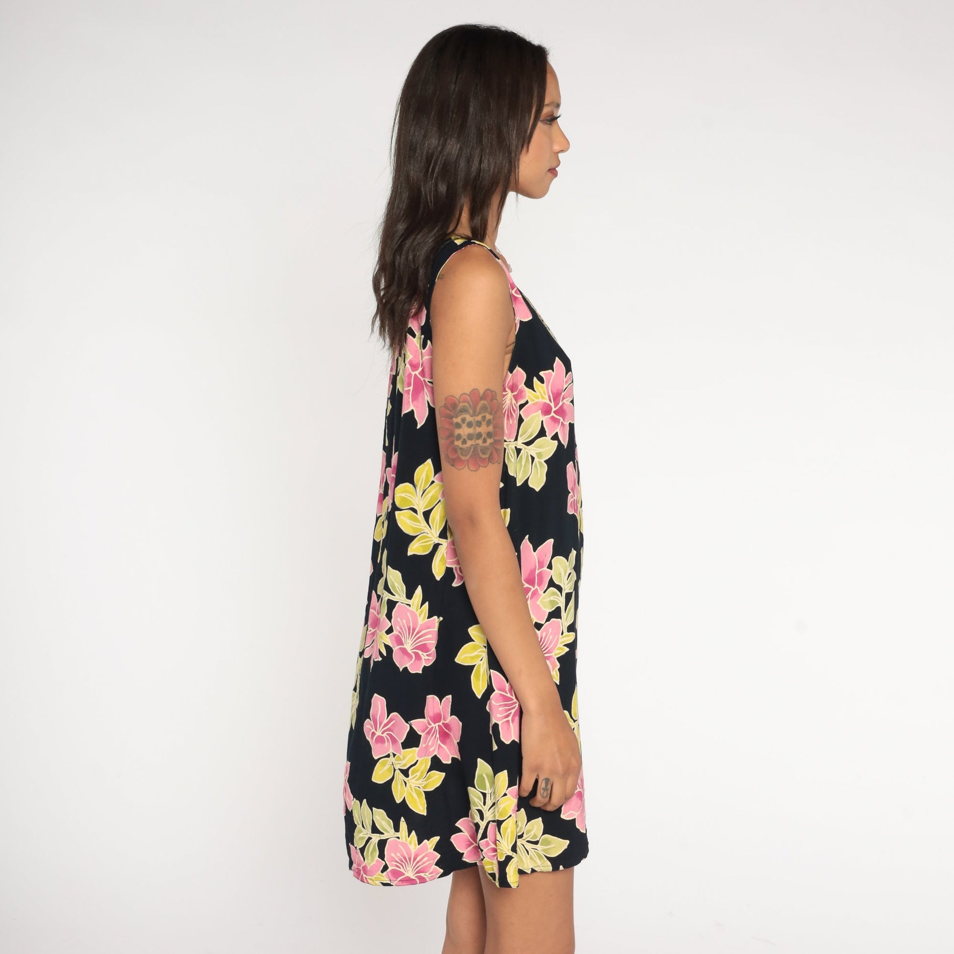 90s Black Tropical Floral Mini Dress Sleeveless Sundress Hibiscus Large L