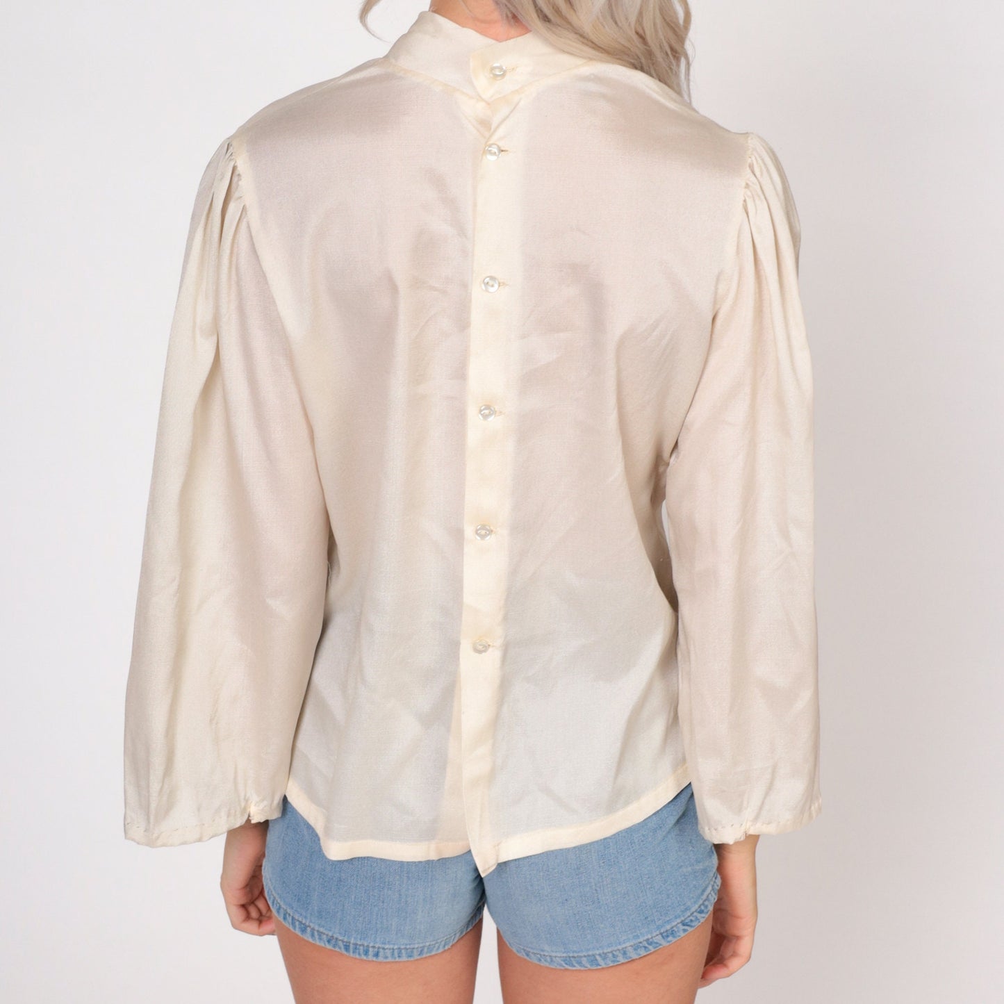 70s Necktie Blouse Cream Long Sleeve Button Back Shirt Small