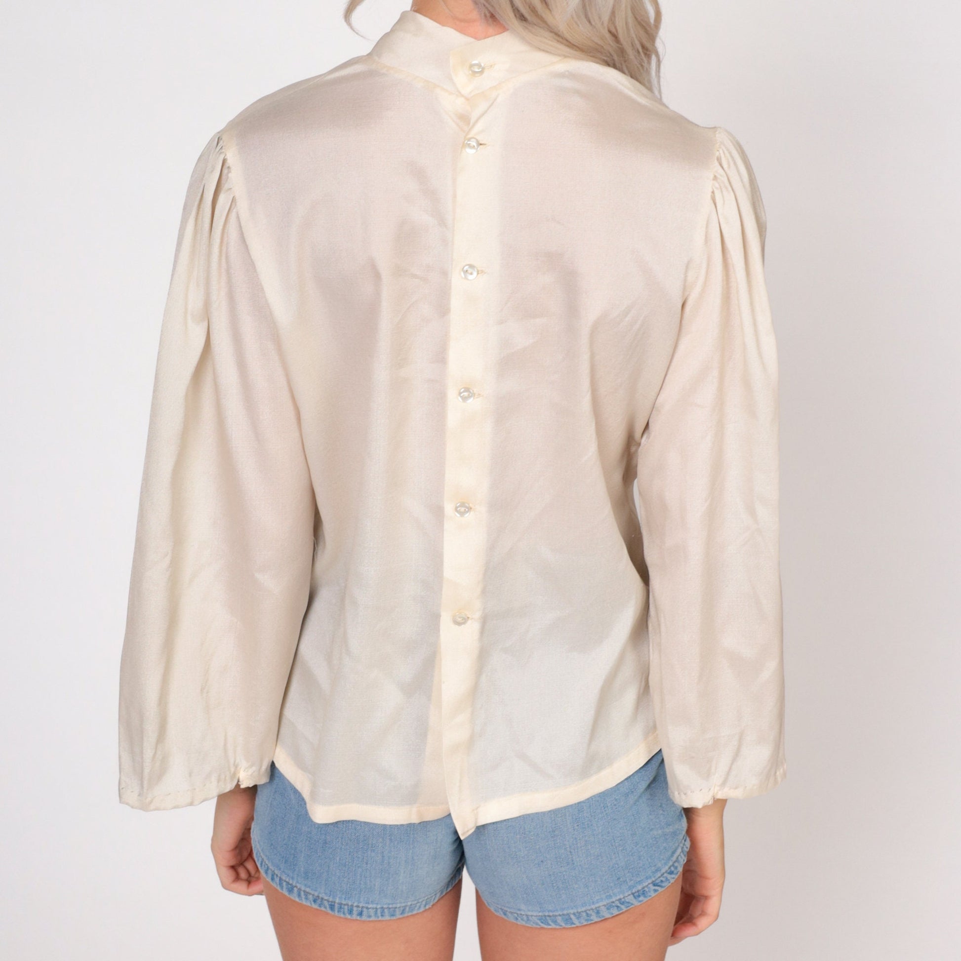 70s Necktie Blouse Cream Long Sleeve Button Back Shirt Small