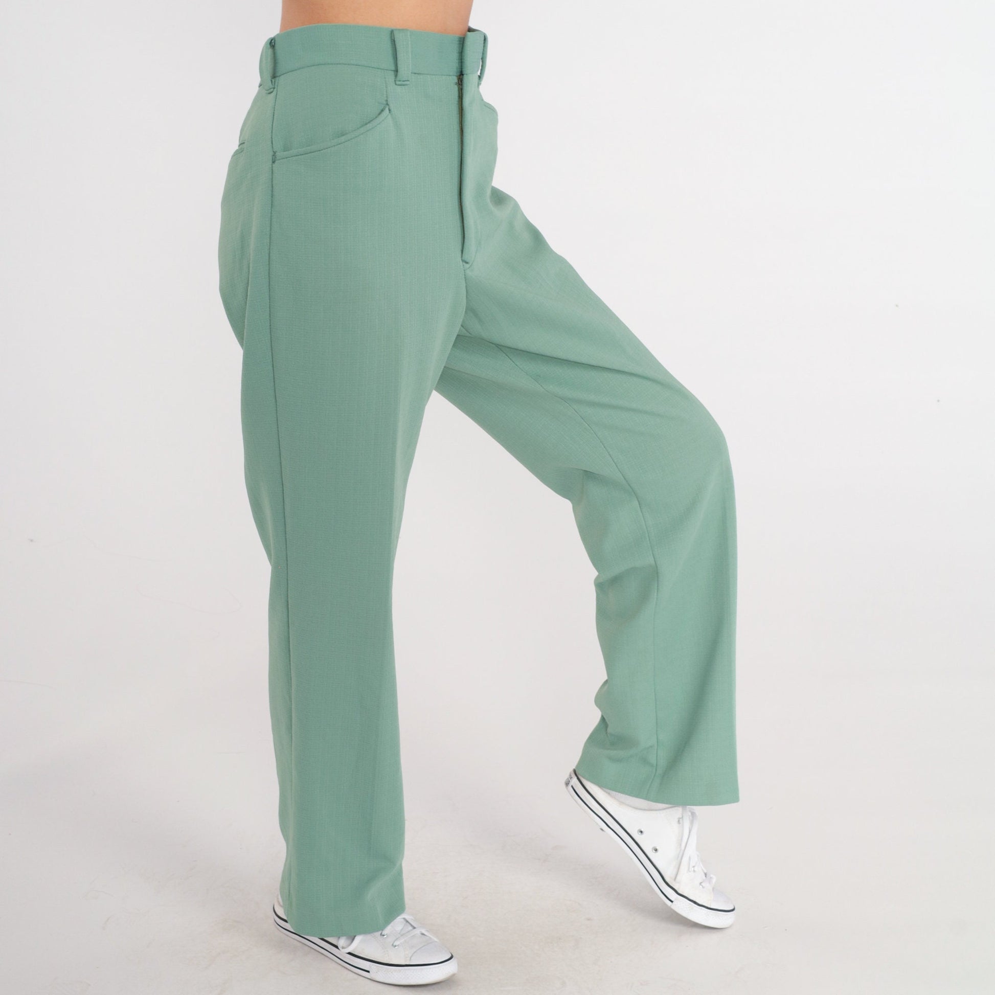 70s Green High-Waisted Straight Leg Trousers Pleated Crease Medium