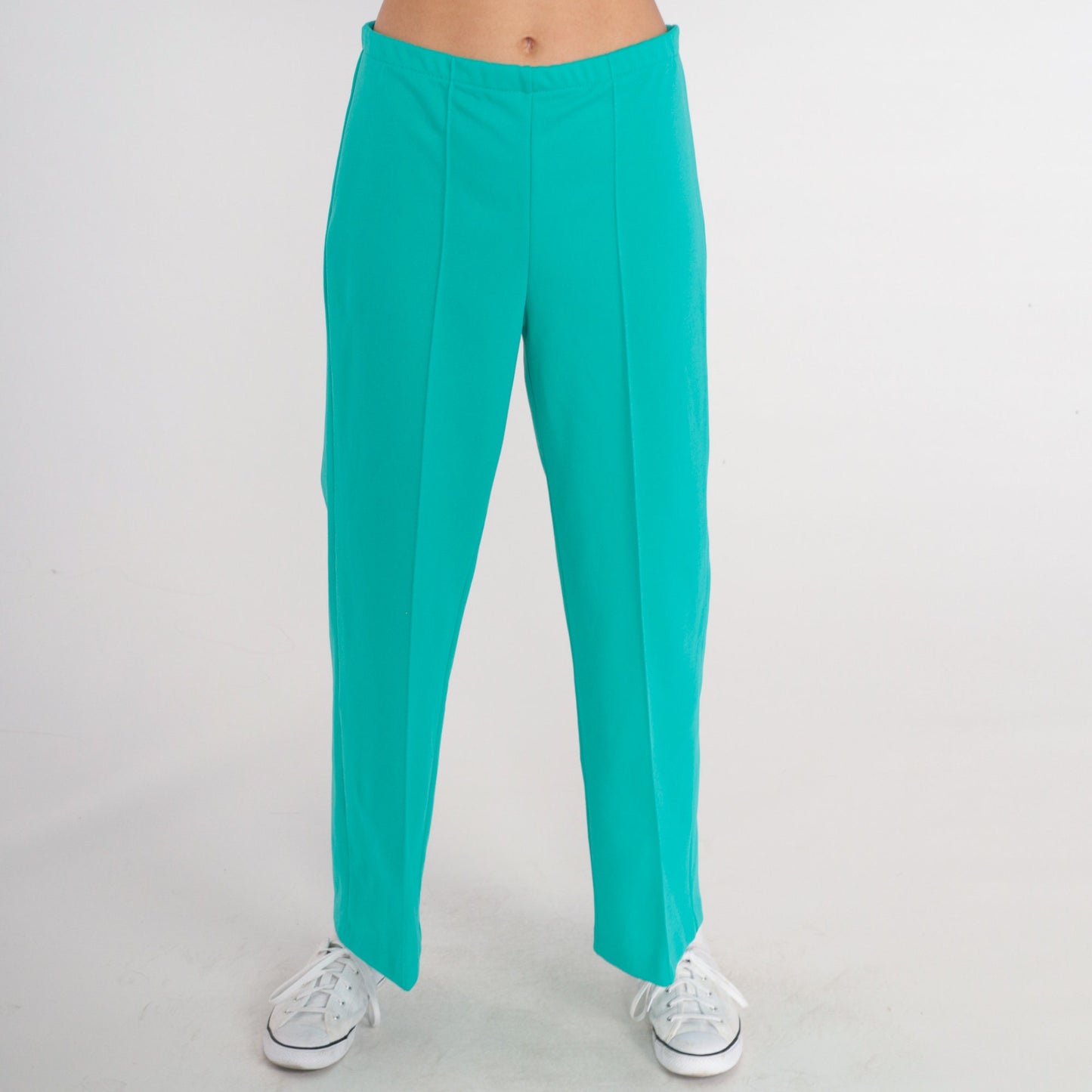 70s Turquoise High-Rise Straight Leg Trousers Elastic Waist Creased Medium
