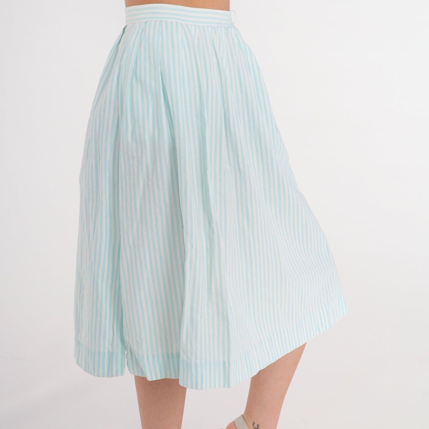 80s Striped Midi Skirt Baby Blue White Pinstripe Pleated High Waist Cotton Extra Small