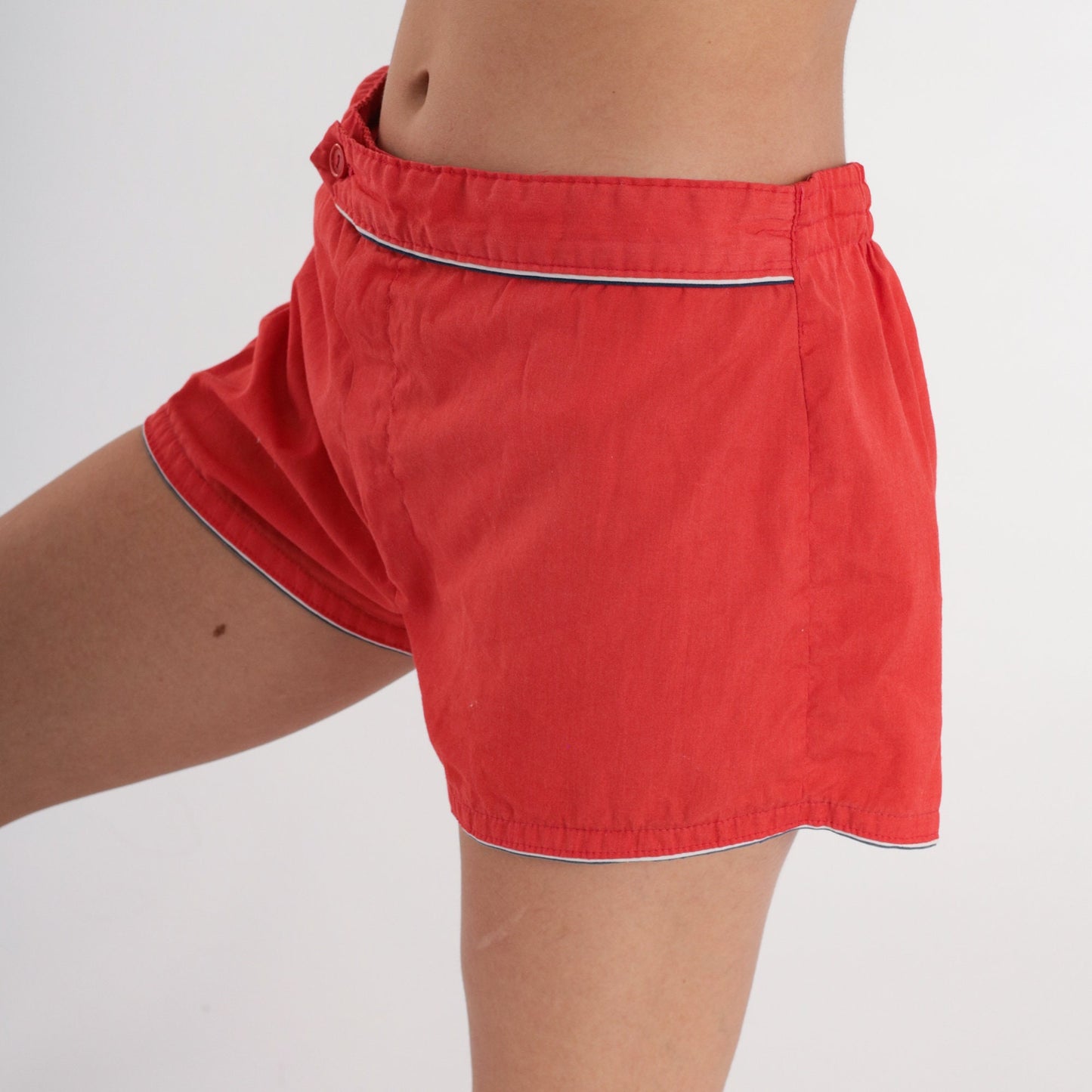 80s Red Ringer Swim Shorts Elastic Waist Board Shorts Medium
