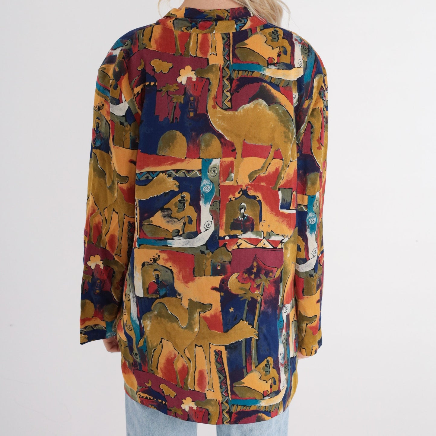 90s Camel Abstract Print Blazer Jacket Colorful Button-Up Collared Small S