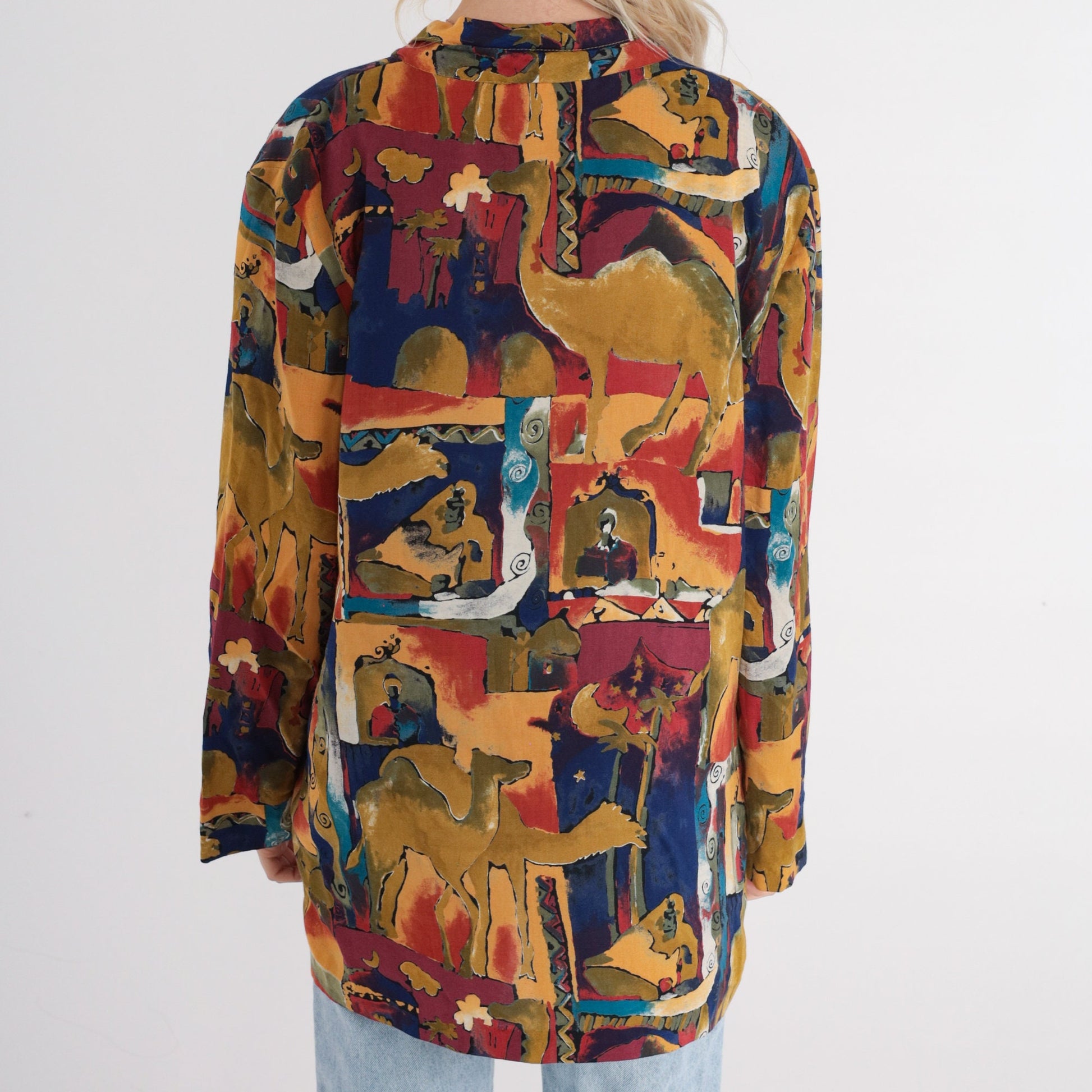 90s Camel Abstract Print Blazer Jacket Colorful Button-Up Collared Small S