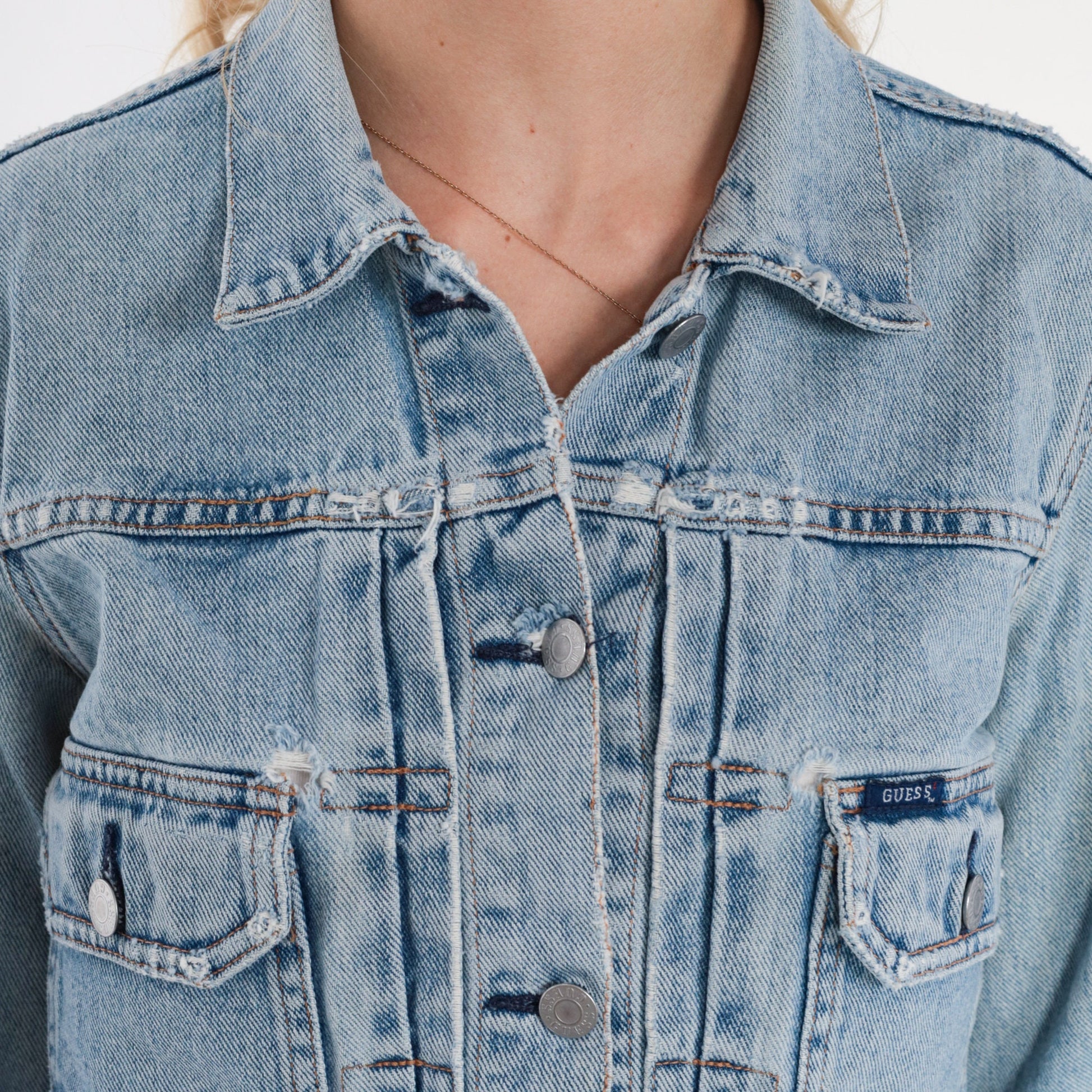 Guess Y2K Distressed Denim Jacket Cropped Blue Medium M