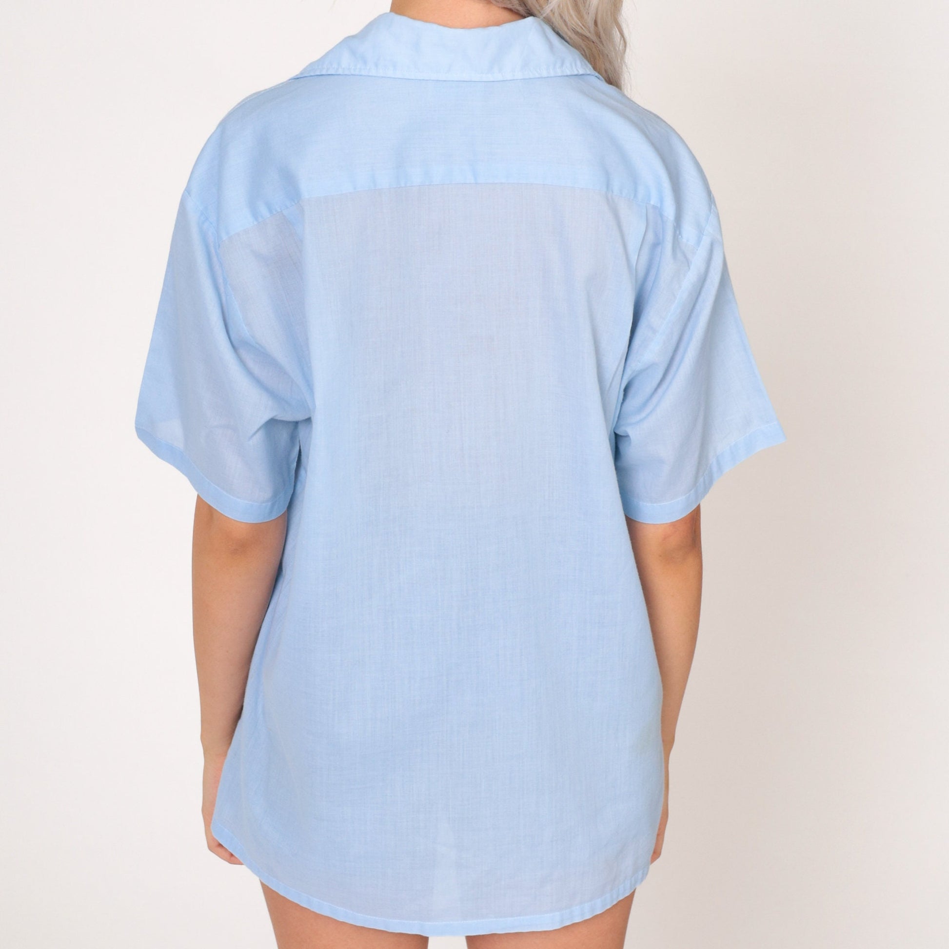 70s Baby Blue Button-Up Shirt Black Topstitching Short Sleeve Mens Large L