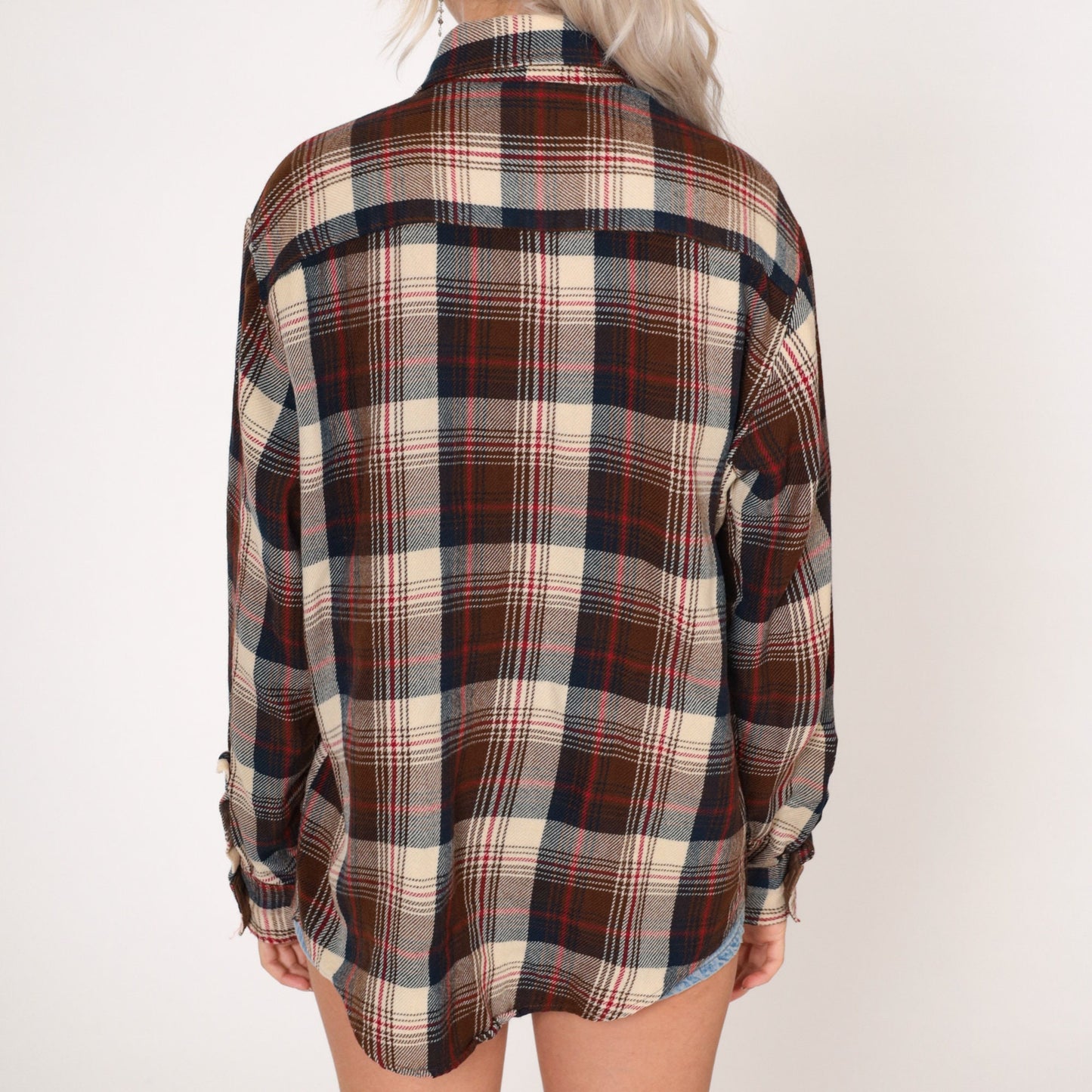 80s Sears Plaid Flannel Button-Up Shirt Brown Cream Navy Tall Medium