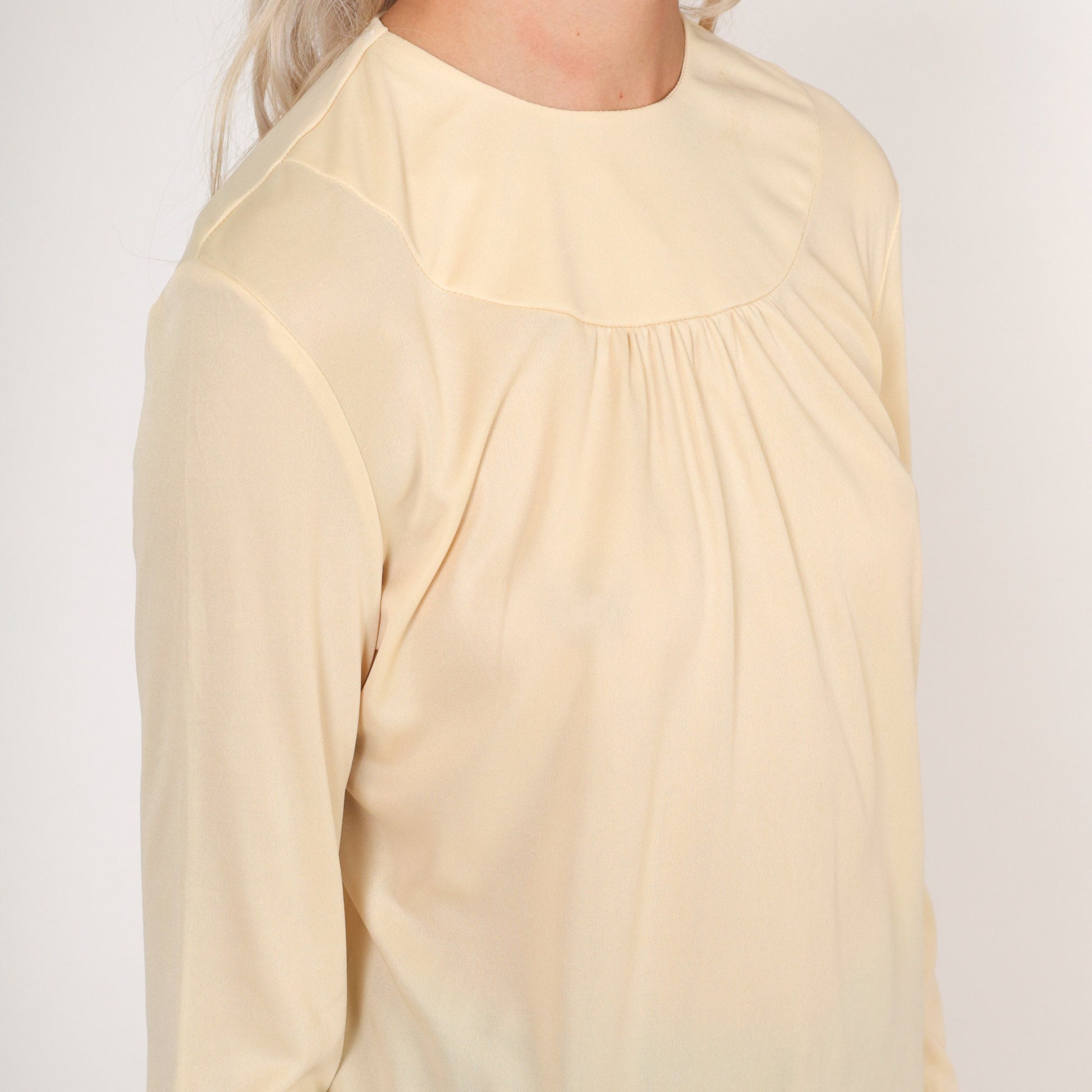 70s Cream Semi-Sheer Blouse Long Sleeve Ruched Back Zip Top Small