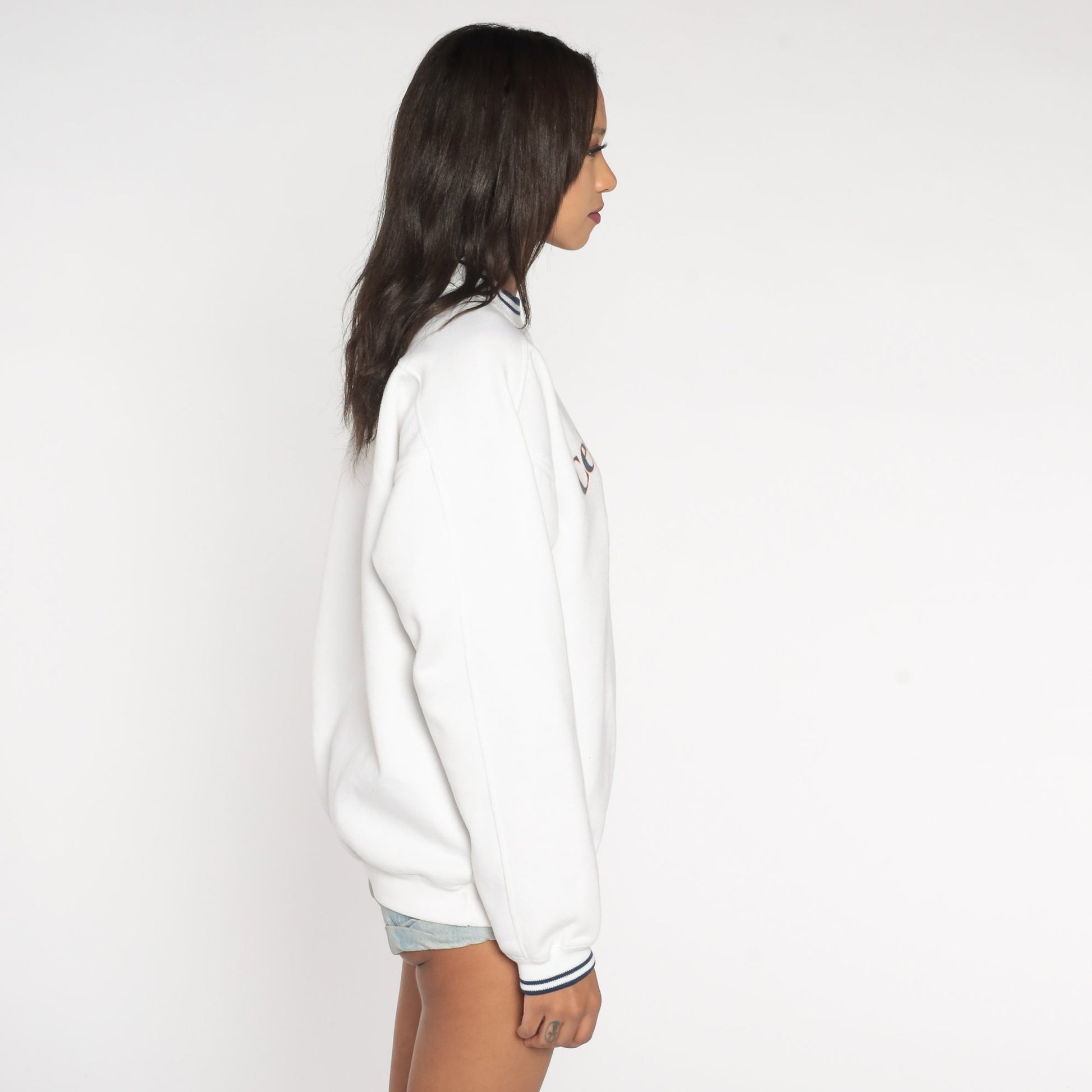 90s Anchor Celebration Ringer Sweatshirt White Navy Trim Nautical Graphic Large L