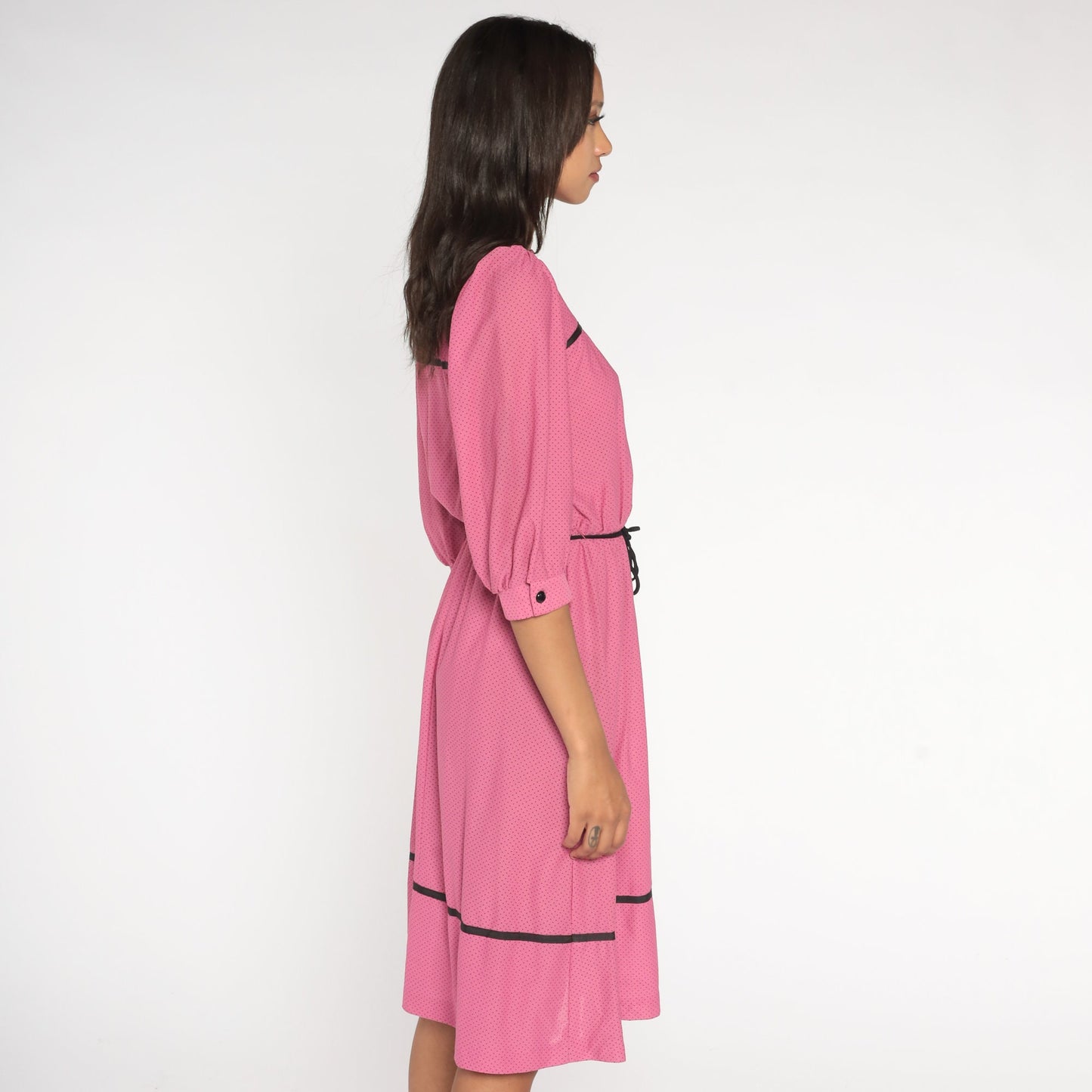 70s Pink Polka Dot Midi Dress Puff Sleeve High Waist Belted Small