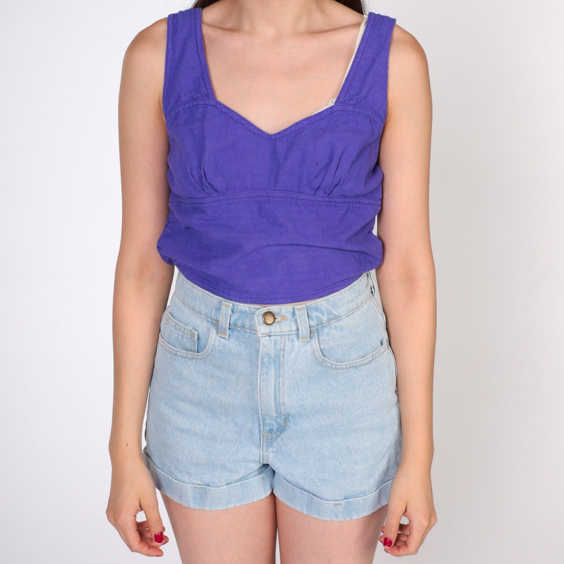 90s Purple Smocked Crop Top Sweetheart Neckline Cotton Tank Small