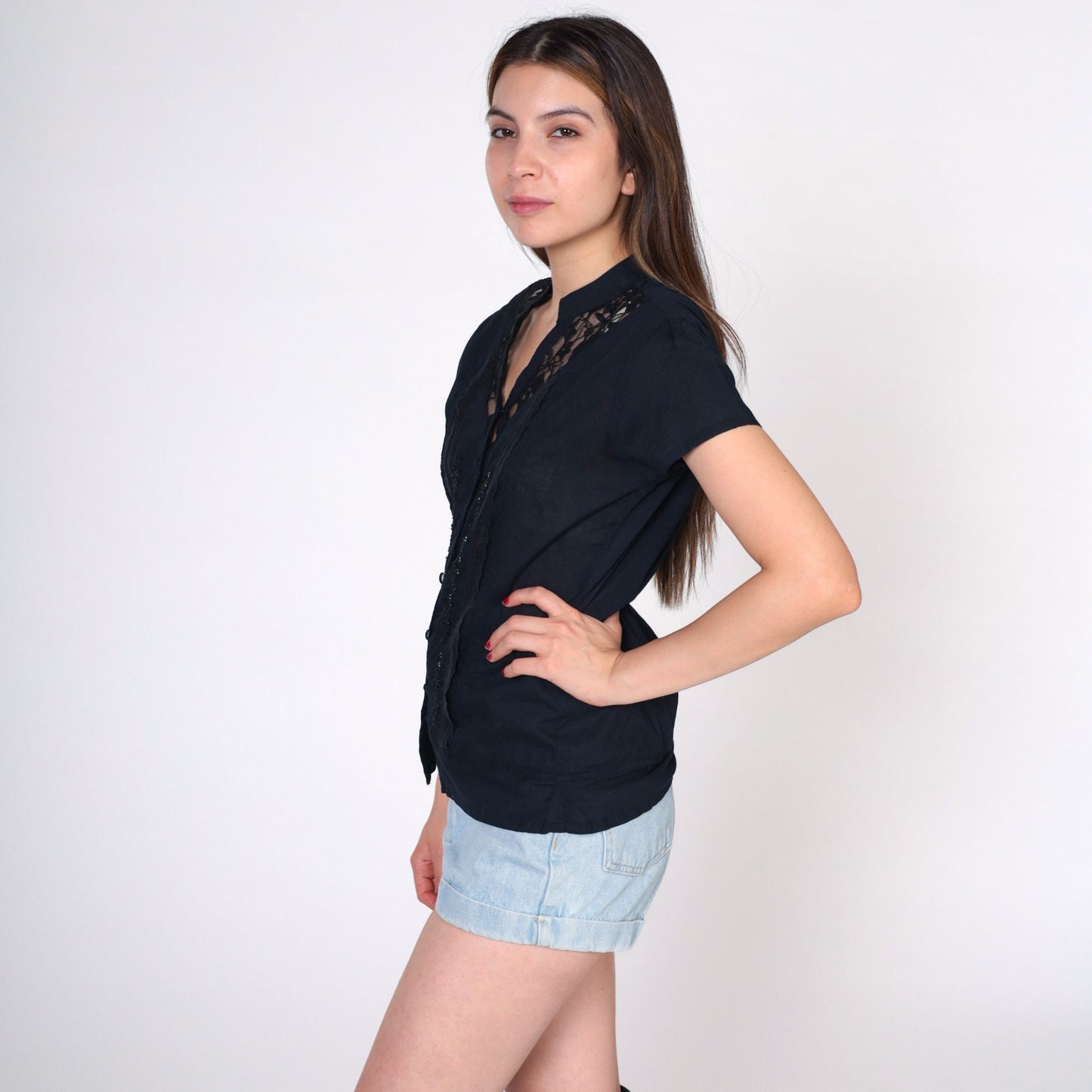 00s Black Lace Beaded Sequin Button-Up Blouse V-Neck Short Sleeve Small