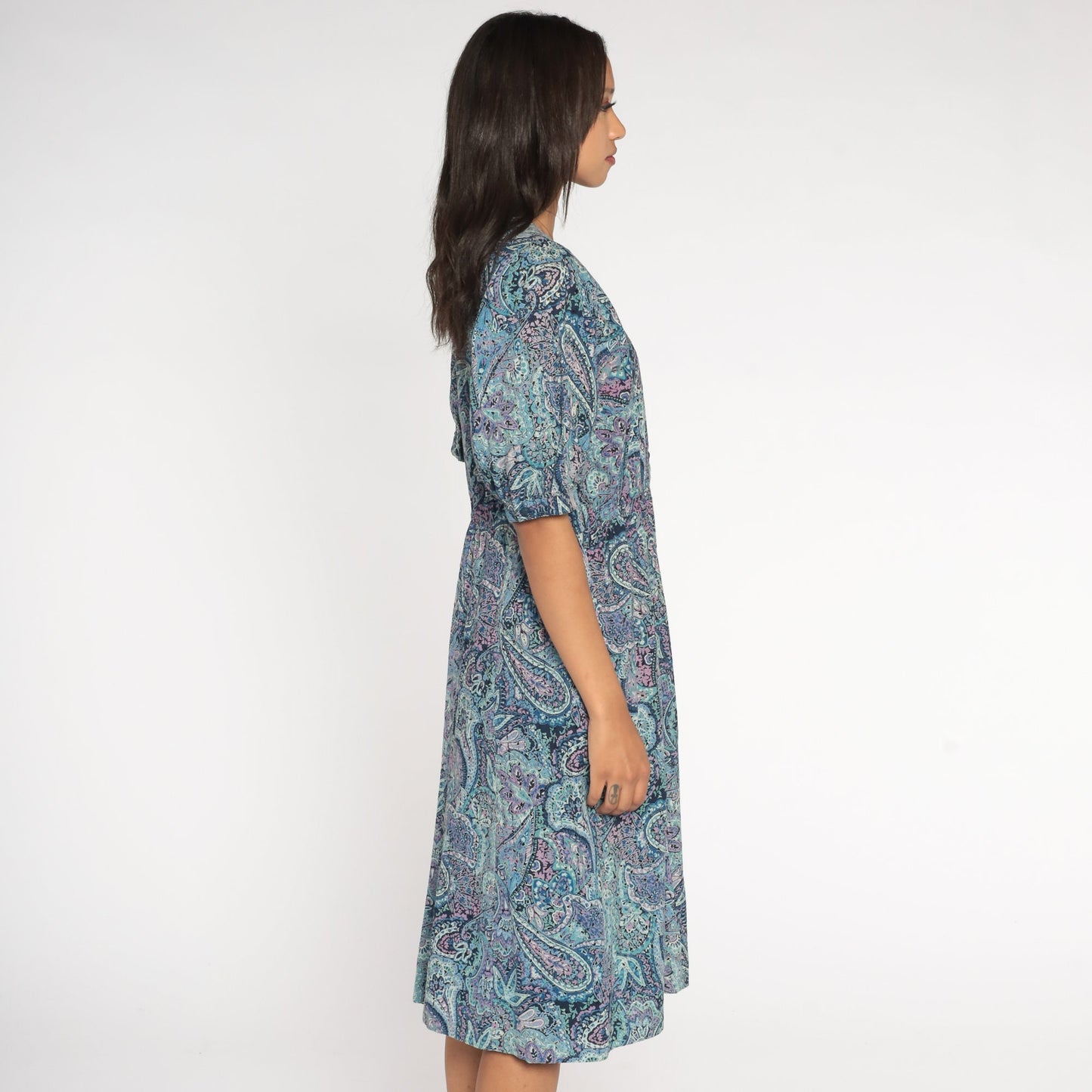 80s Blue Paisley Midi Shirtwaist Dress High Waisted Pleated Short Sleeve Medium
