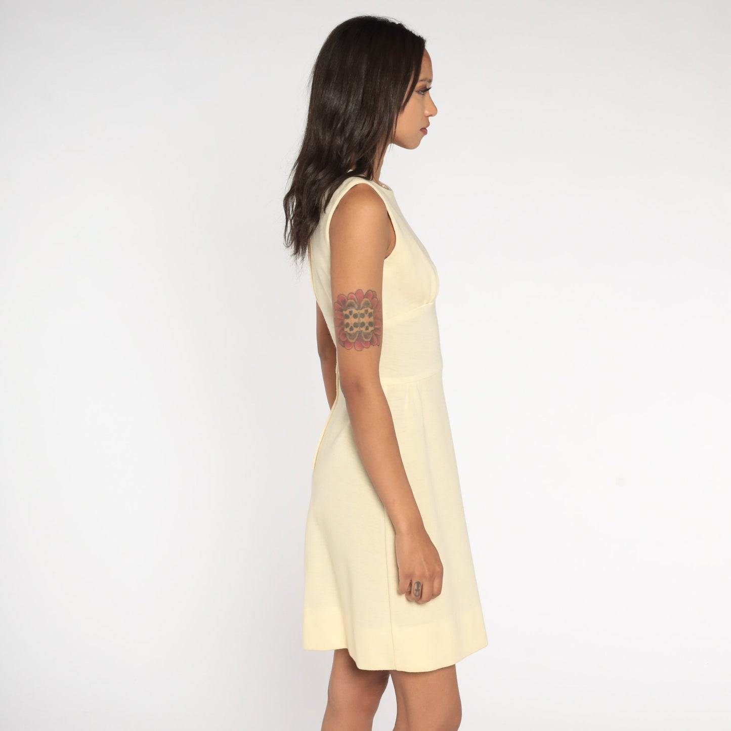 60s Cream Mini Dress Sleeveless Empire Waist Mod Shift Extra Small