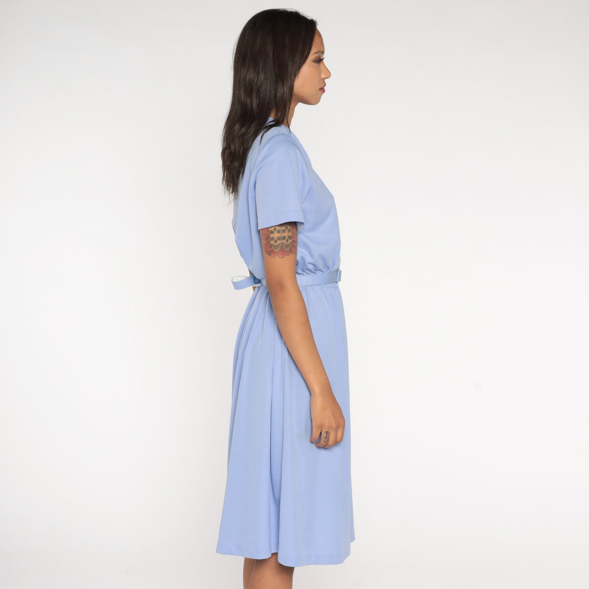 80s Periwinkle Midi Dress High Waisted Belted Short Sleeve Blue Large L