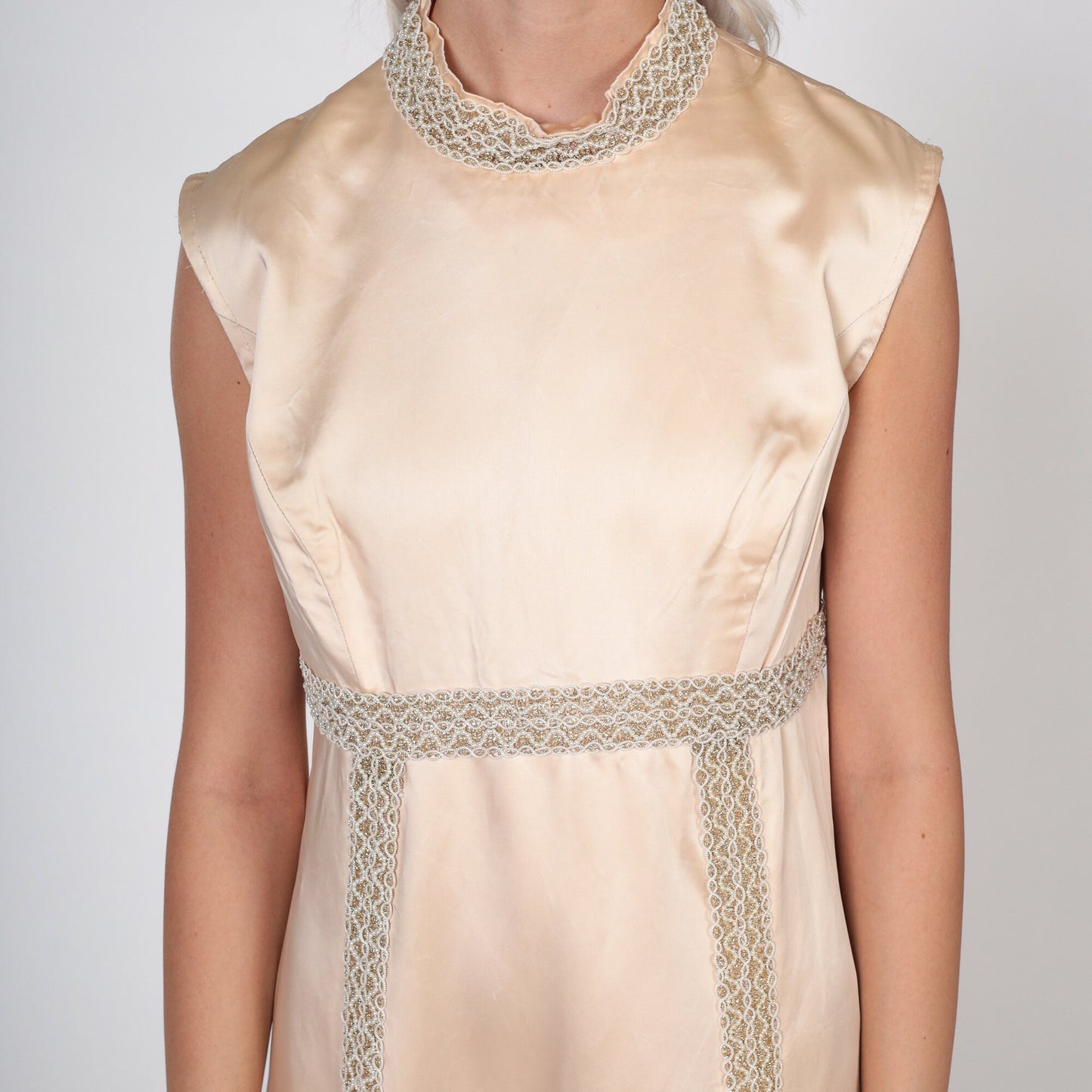 60s Champagne Beaded Maxi Dress Empire Waist Sleeveless Small S