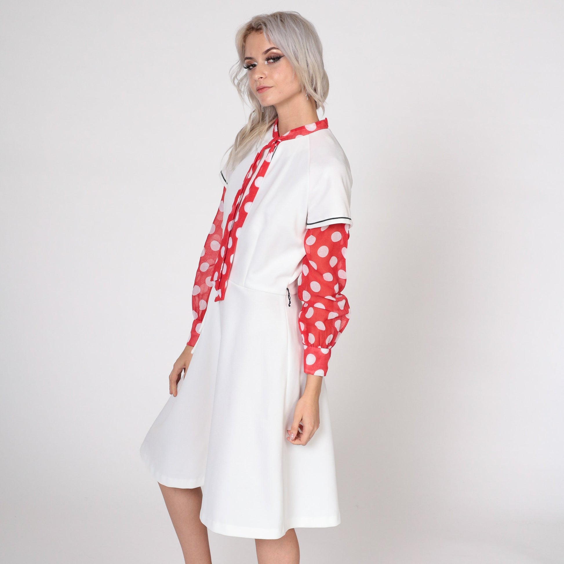 70s Mod Ascot Dress White Polka Dot High Waist Midi Long Sleeve Small