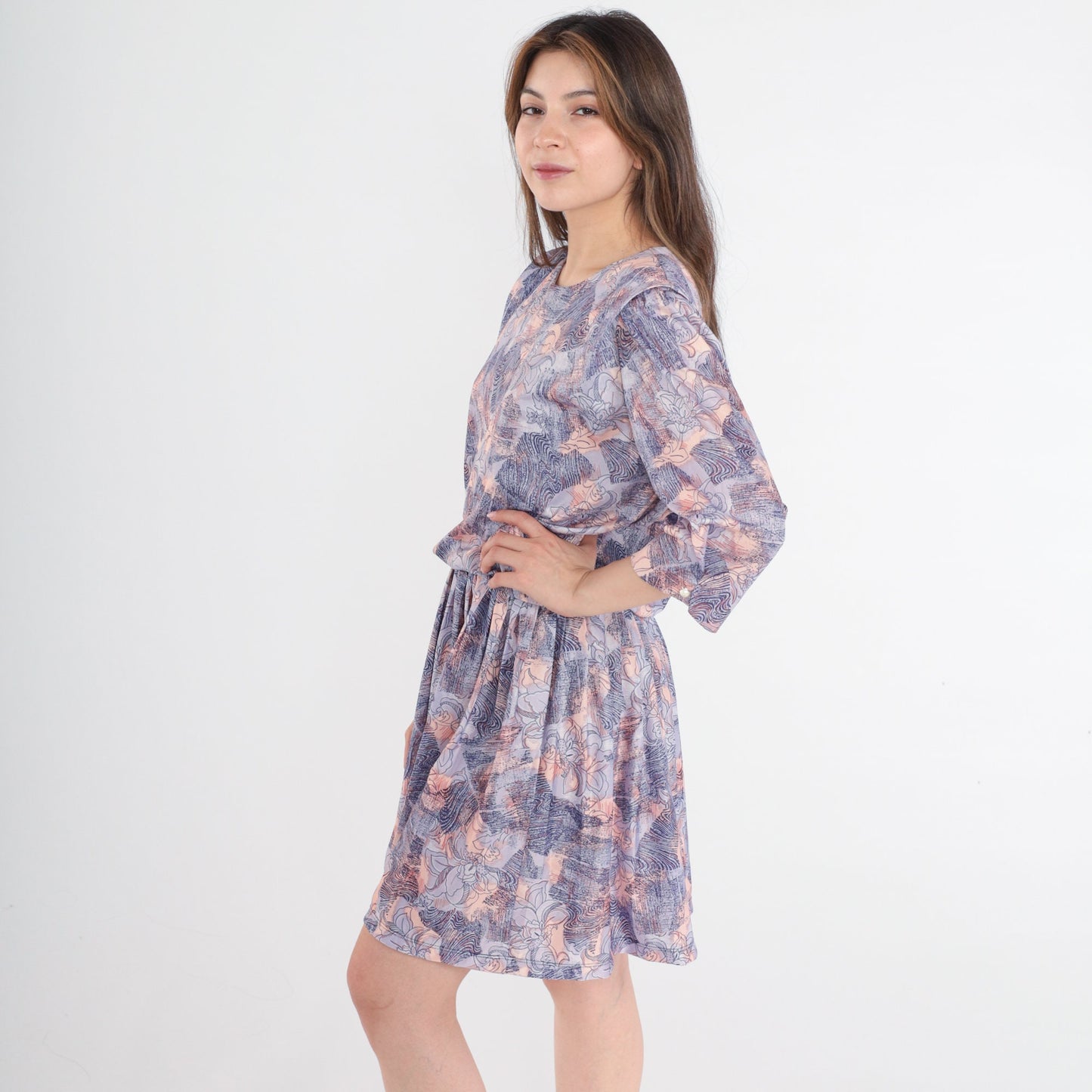 80s Floral Mini Dress Purple Peach Navy 3/4 Sleeve High Waisted Medium