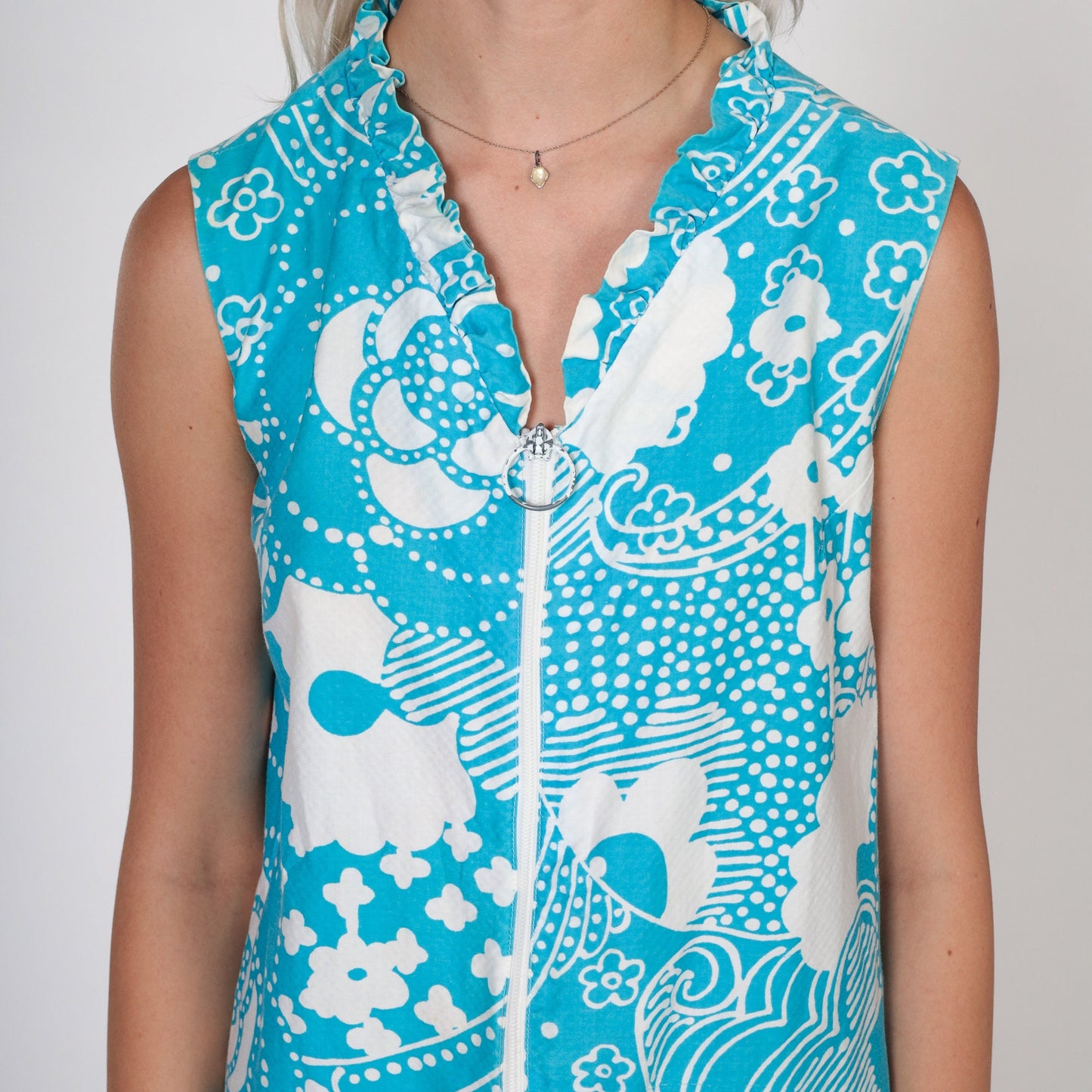60s Floral Mod Mini Dress Sleeveless Shift Zip Blue White Cotton Small S